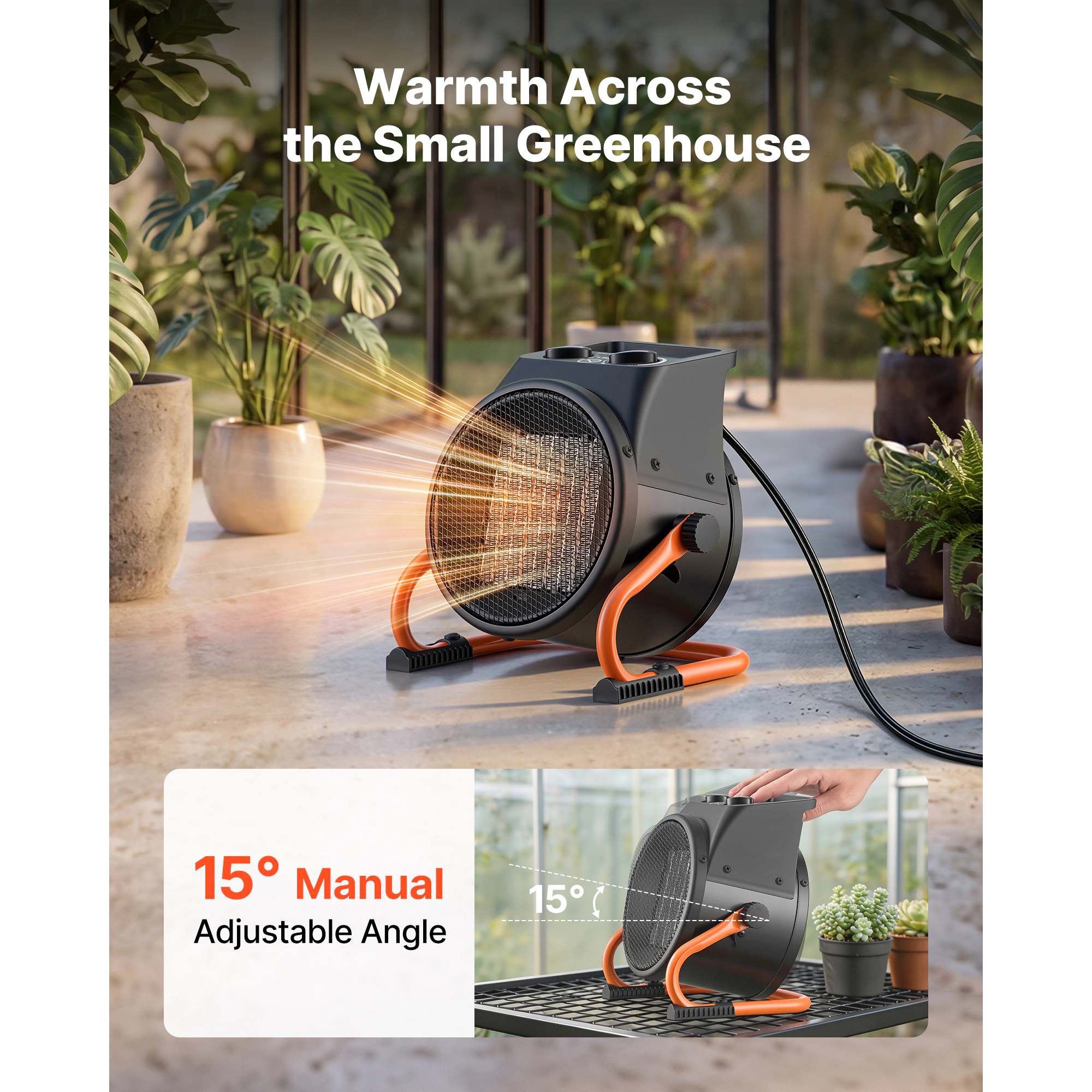 HONGGE Greenhouse Heater, 1500W Electric Space Heater with Fan, High Heat Modes, Adjustable Angle, Overheat Protection
