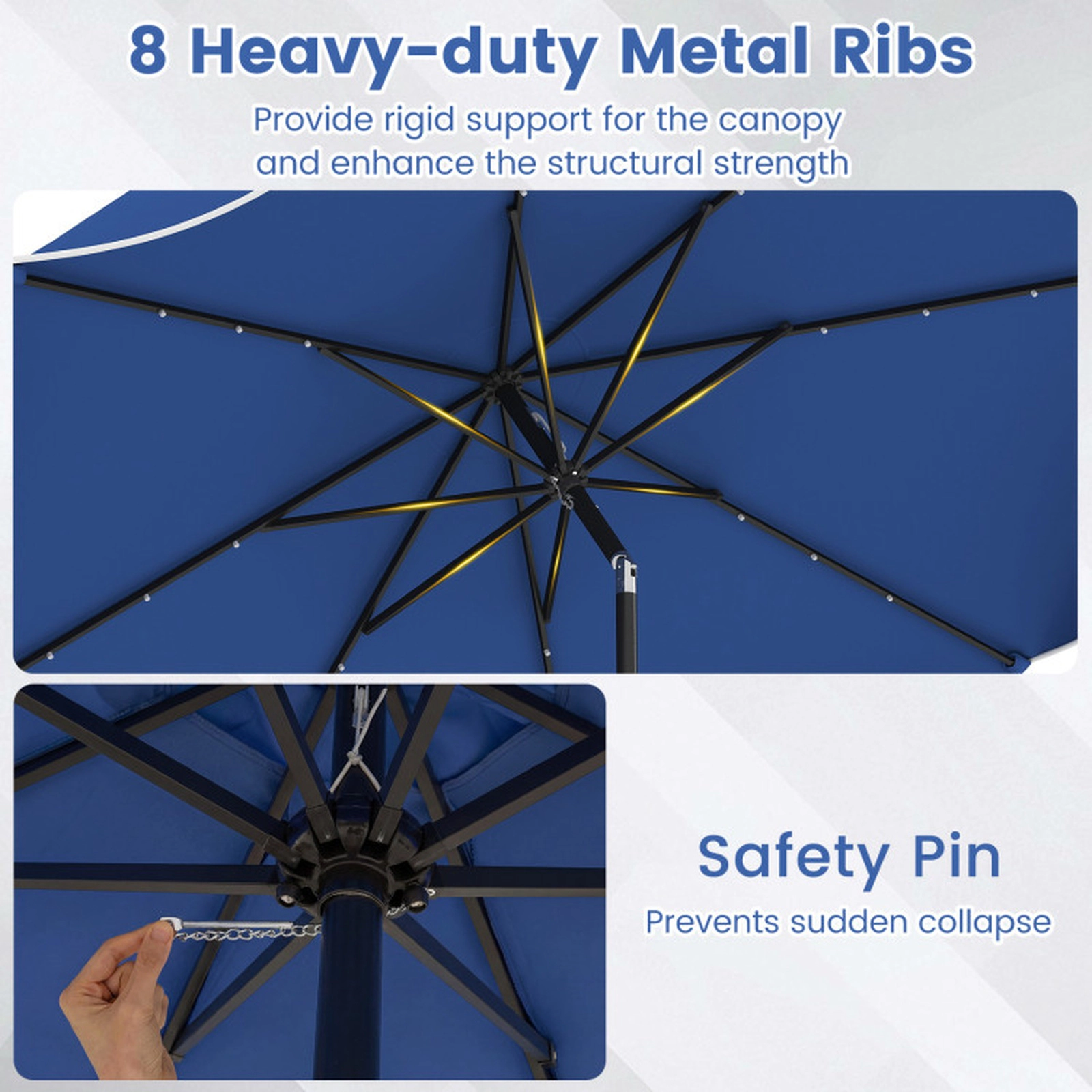 SUGIFT 10-ft Scalloped Solar Patio Umbrella with 24 LED Lights Push Button Tilt and Crank Handle 9.7 x 8.4 in Navy