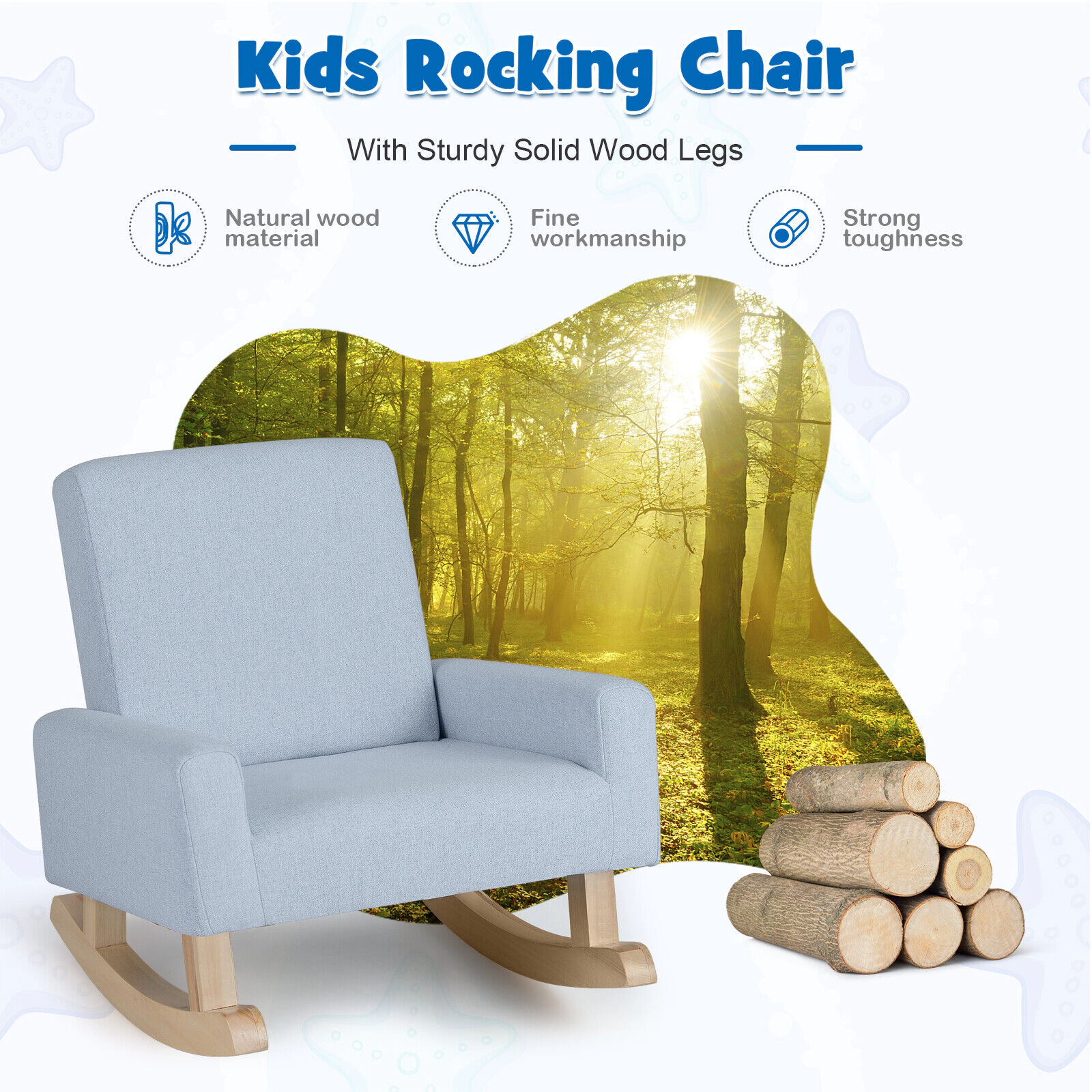 SUGIFT Gentle Rocking Kids Upholstered Chair with Solid Wood Legs 110-lb Capacity Ages 3-5 Blue
