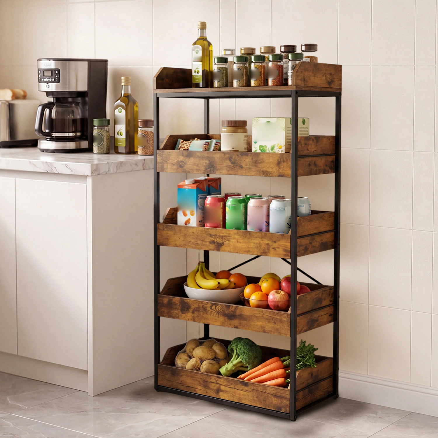 LJG 5-Tier Food Storage Rack with 4 Pull-Out Drawers and Adjustable Feet