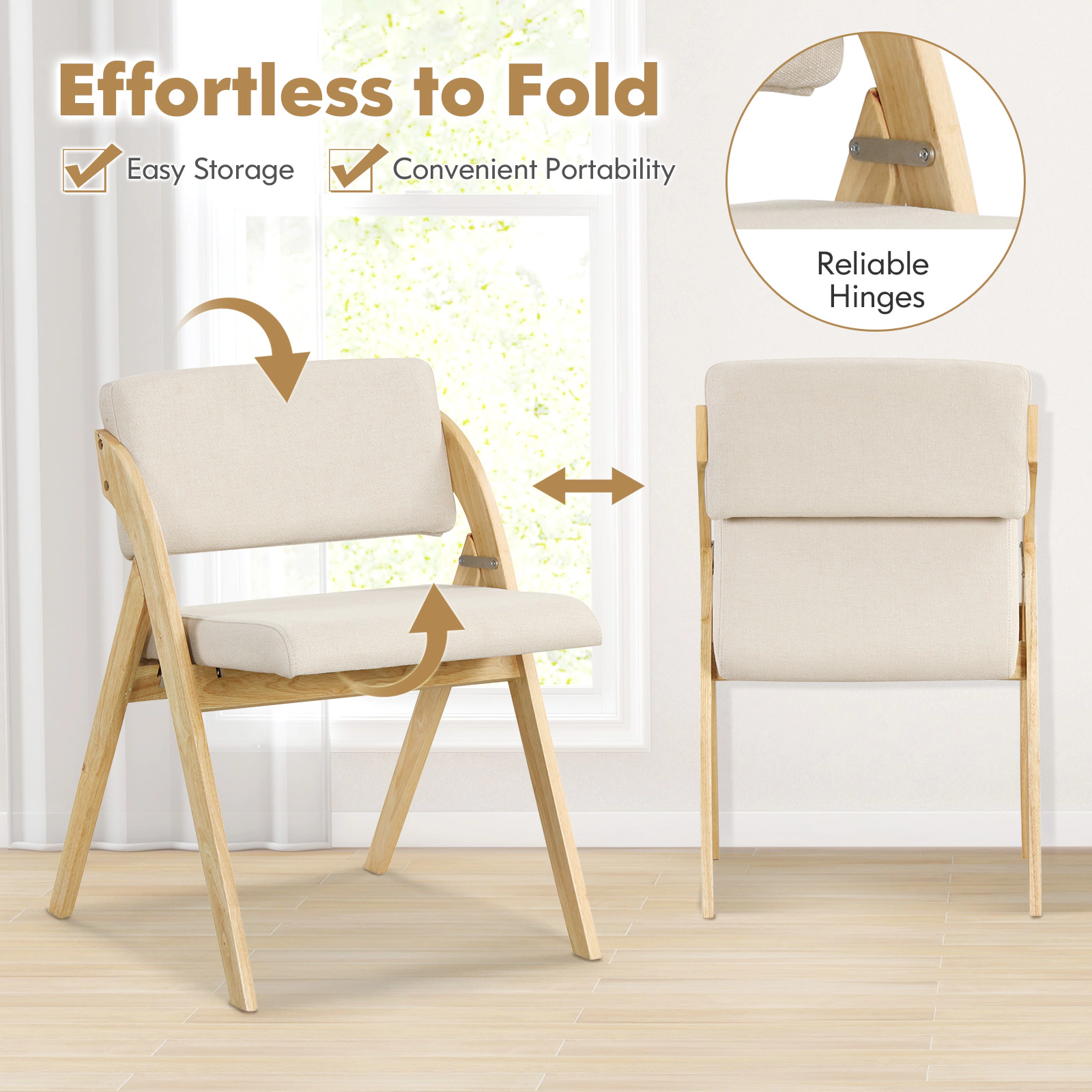 SUGIFT Thick Padded Folding Kitchen Dining Chairs with Rubber Wood Legs 355-lb Capacity Natural & Beige