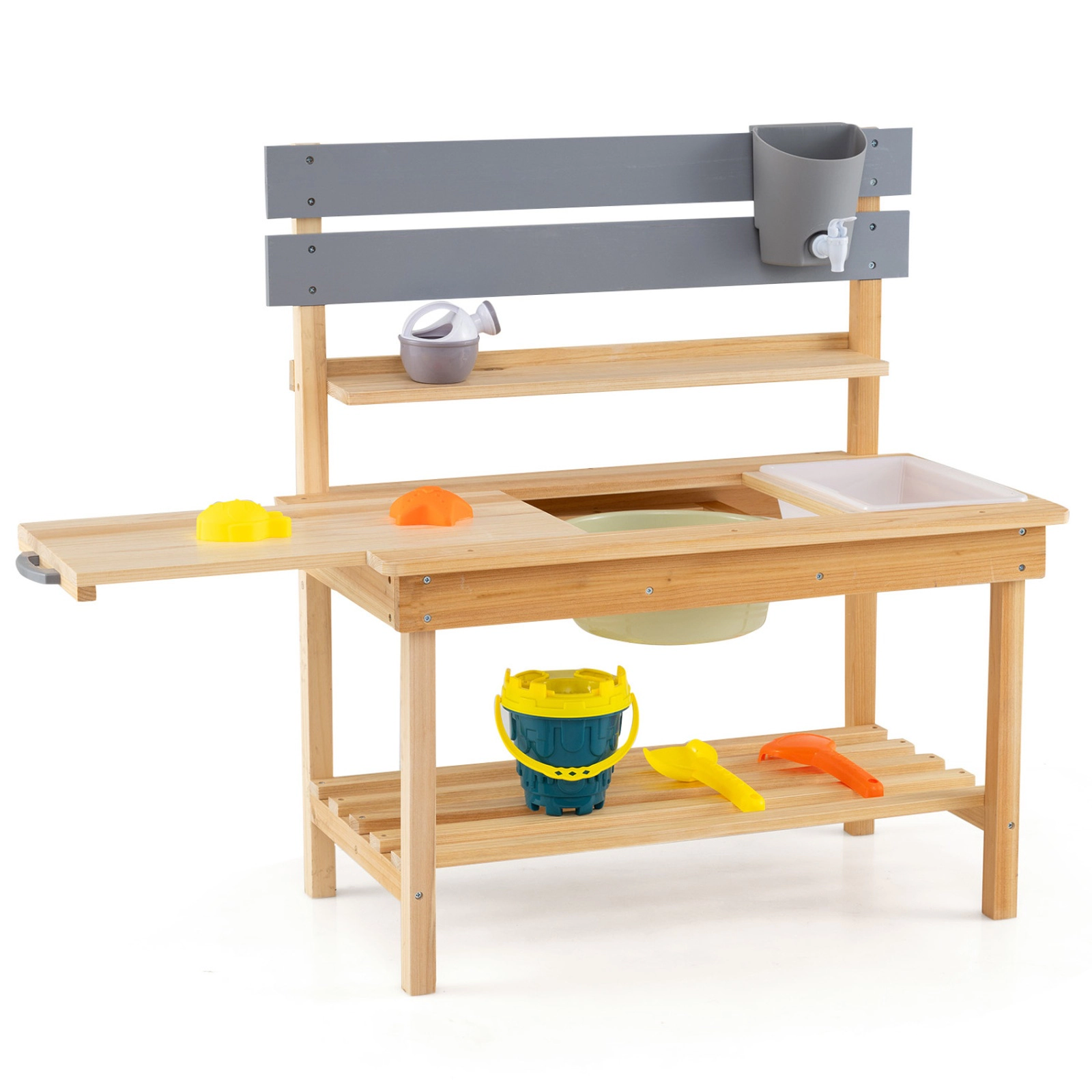 SUGIFT Outdoor Kids Mud Kitchen with Pull-Out Tabletop Water Basin and Storage Shelves Ages 3+ 31.5-in Tall Natural