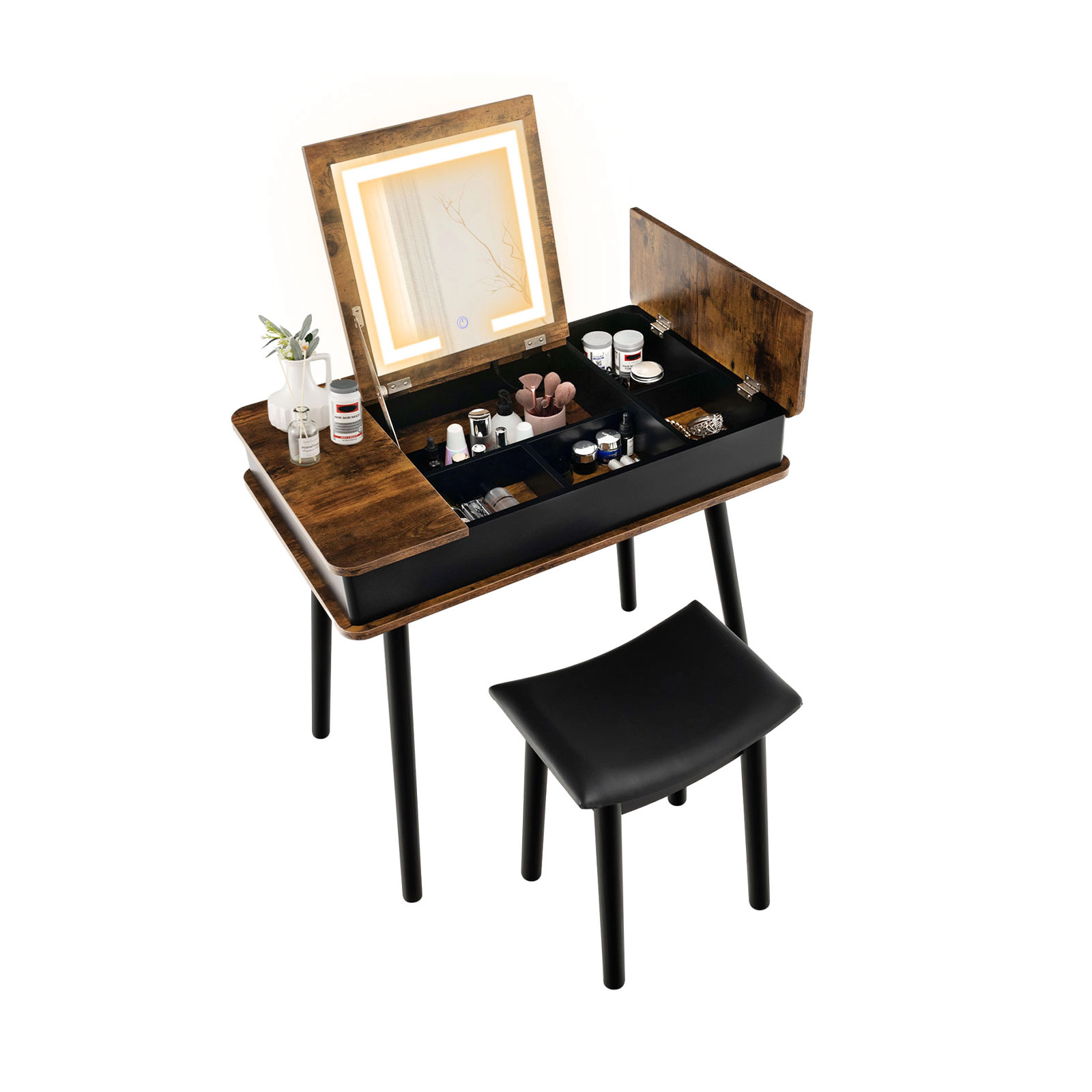 SUGIFT Flip-Top Lighted Mirror Vanity Table Writing Desk and Stool 99-lb Tabletop 330-lb Stool Rustic Brown