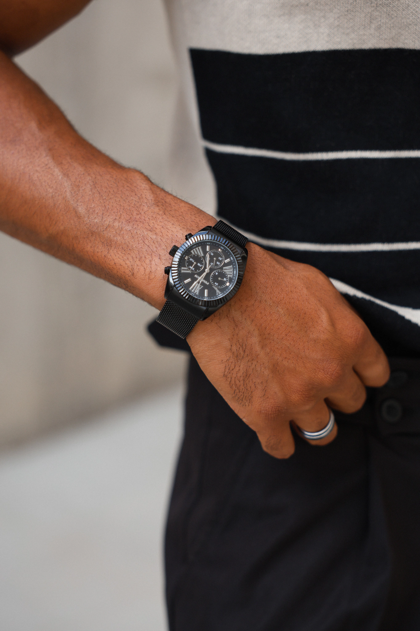 Peugeot Men's 42mm Black Multi-Function Steel Mesh Watch