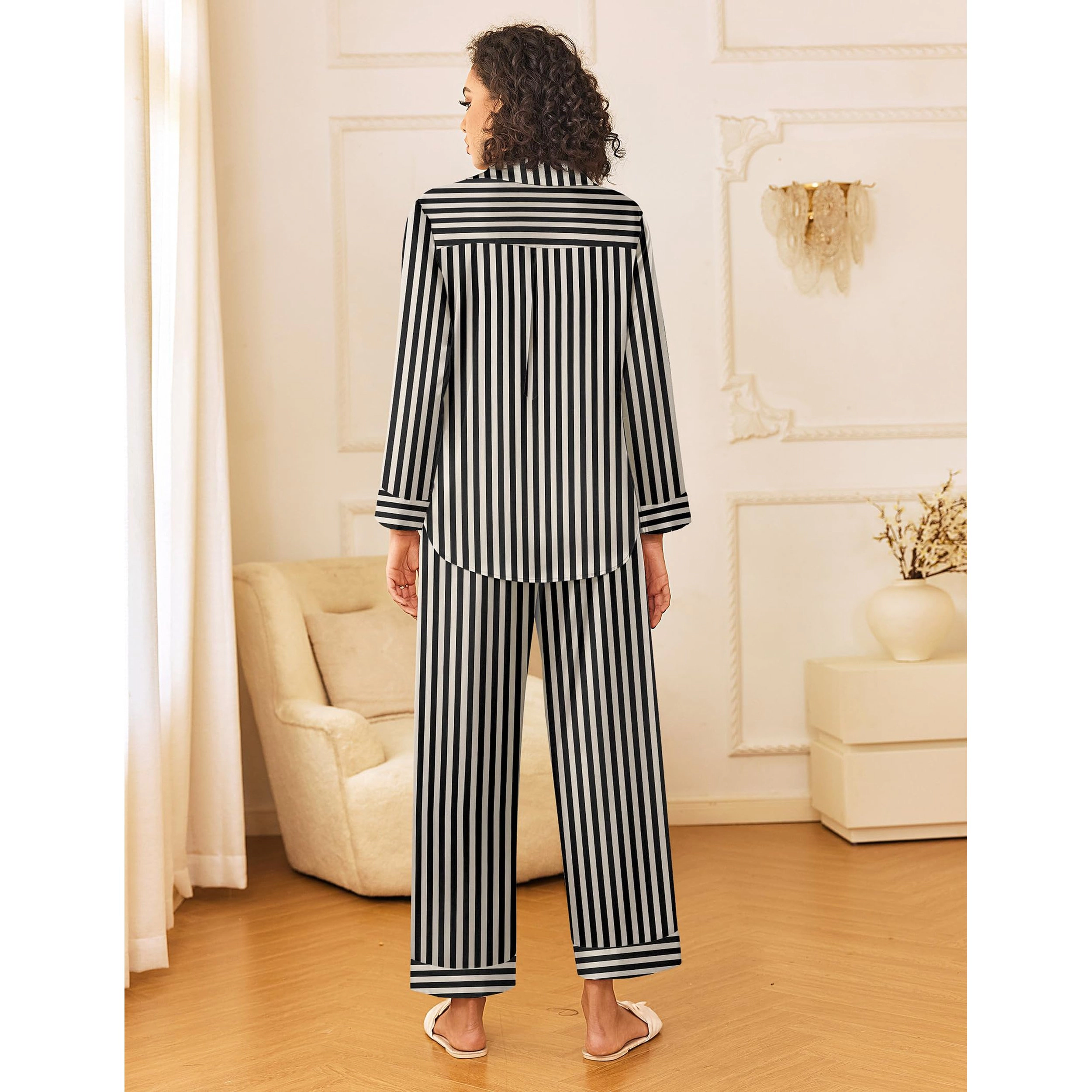 Ekouaer Womens Silk Satin Pajama Sets Two Piece Pajamas Set Long Sleeve Top and Pants Stripe