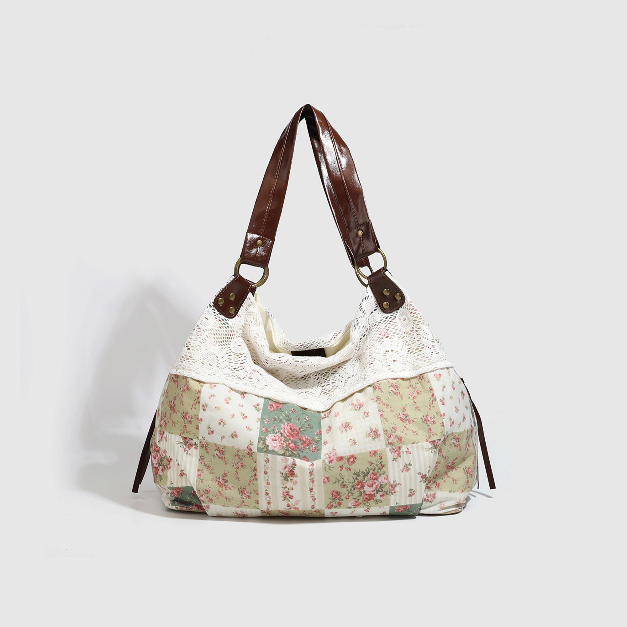 Alilang Women's Patchwork Shoulder Bag with Crochet Lace Detail and Faux Leather Straps