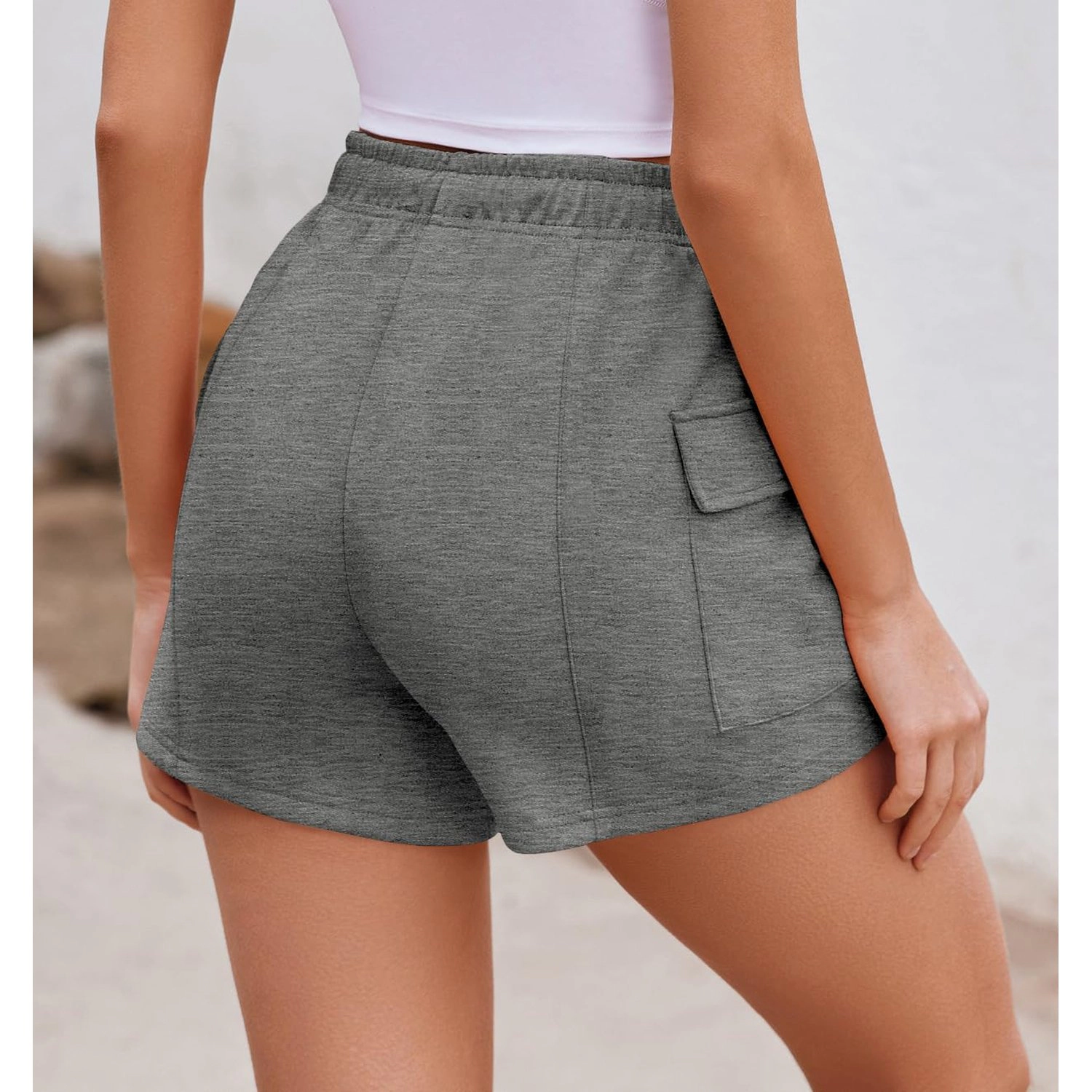 Pinspark Womens Solid Cargo Shorts Elastic Waist Drawstring Pockets Casual