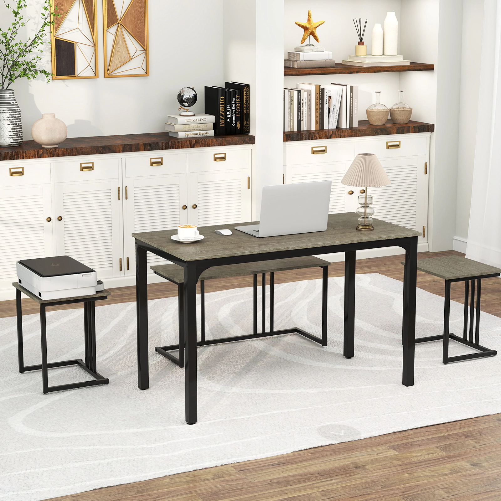 LJG 4 Pieces Space-Saving Dining Table Set with Bench and 2 Stools