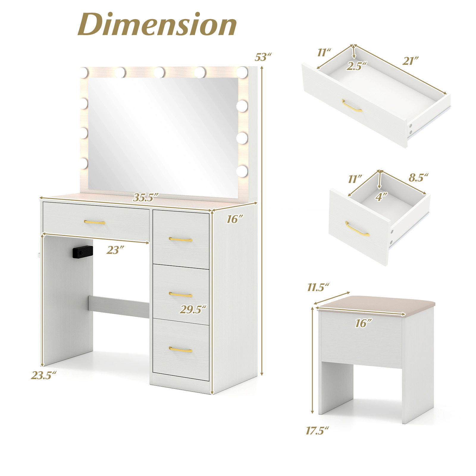 SUGIFT Vanity Desk White with Lighted Mirror Stool Power Outlets and 2 Drawers