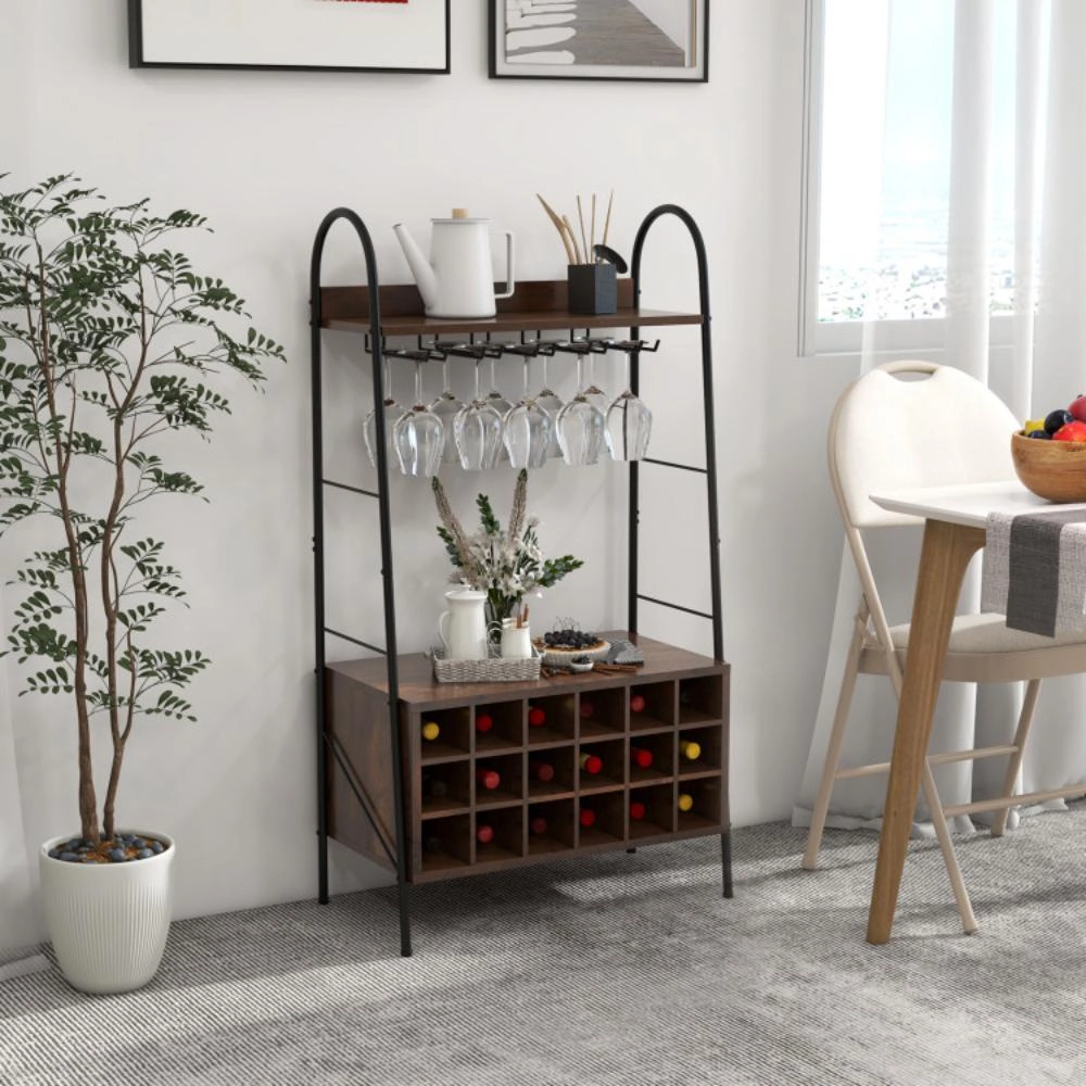 Hivvago Baker's Rack with Detachable Wine Rack and 5 Rows of Stemware Holder-Rustic Brown