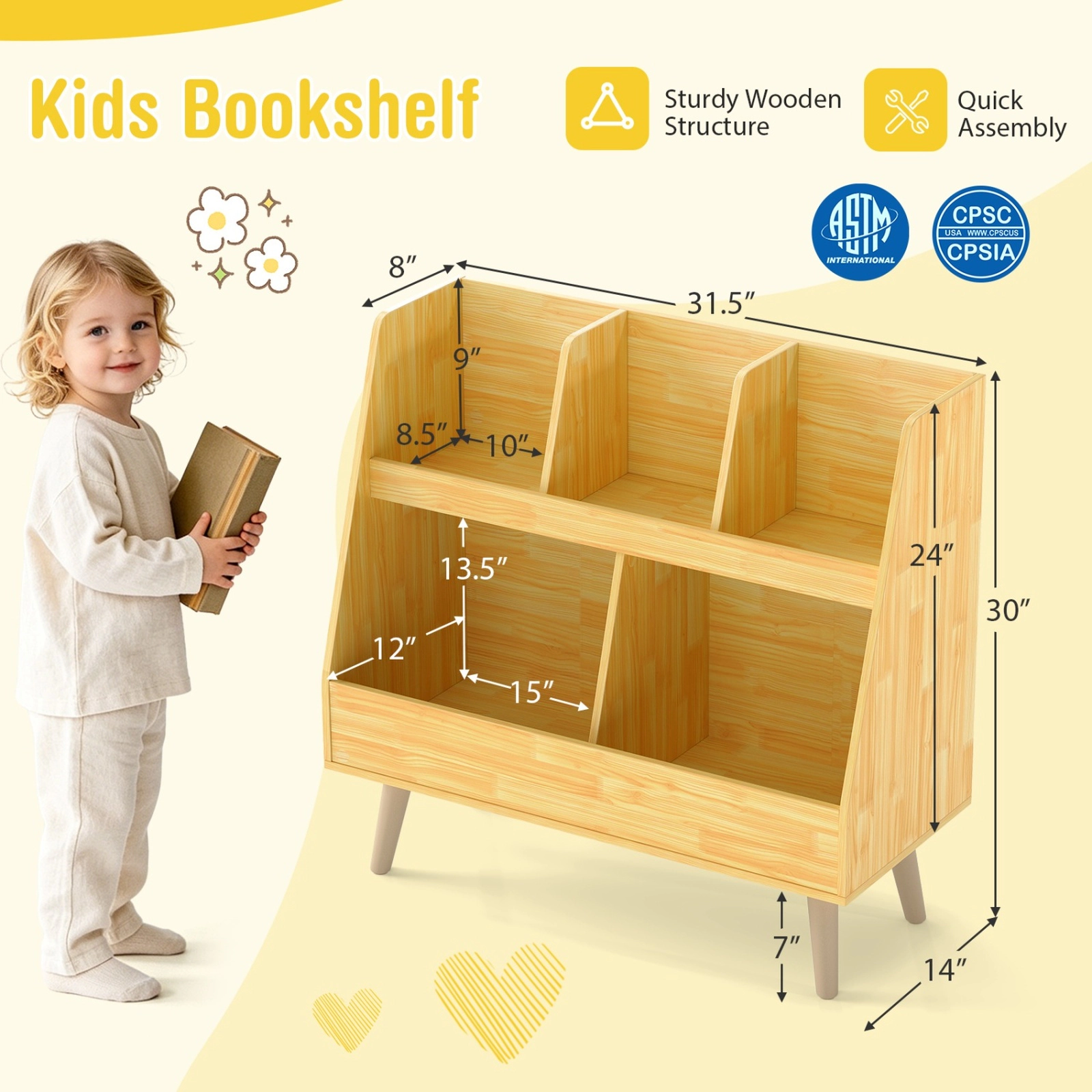 SUGIFT 5-Cube 68-lb Capacity 30-in Oak Kids Bookshelf and Toy Organizer with Anti-Tipping Kits and Wood Legs
