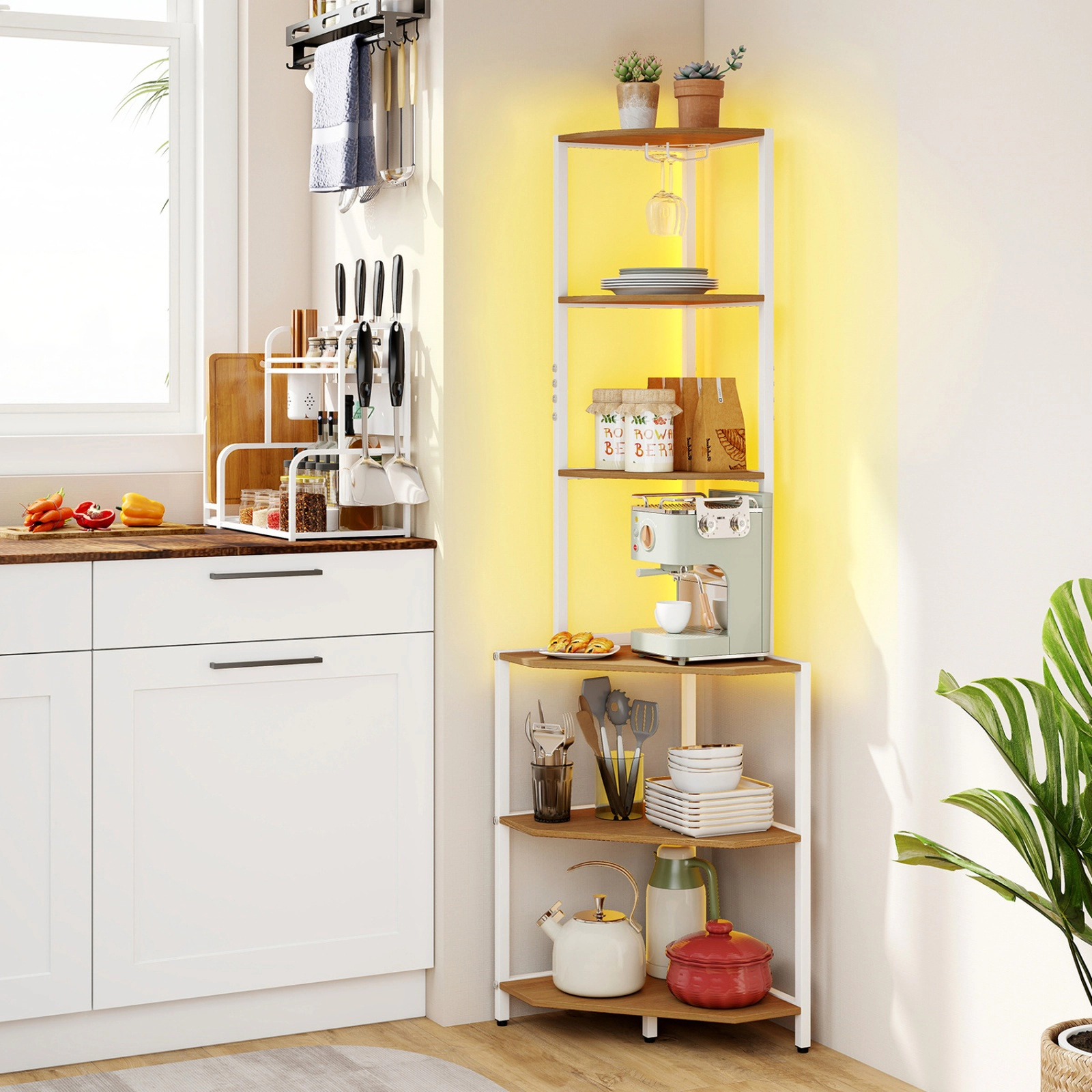 SUGIFT 6-Tier Natural 65-in Tall Corner Bookshelf with Charging Station LED Light and Stemware Rack
