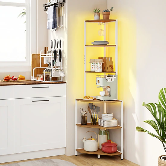 SUGIFT 6-Tier Natural 65-in Tall Corner Bookshelf with Charging Station LED Light and Stemware Rack