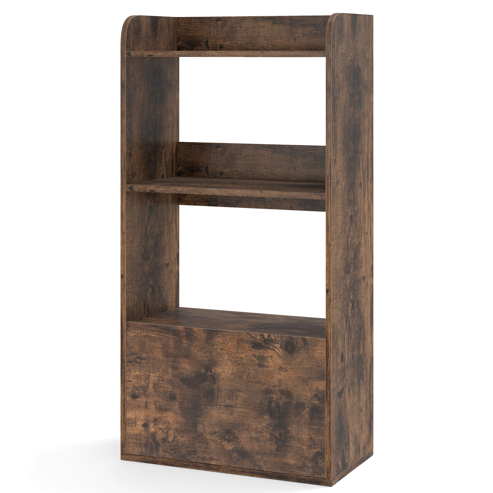 SUGIFT Rustic Brown Freestanding Bookshelf with 3-Tier Open Shelf and Pull-Out Drawer