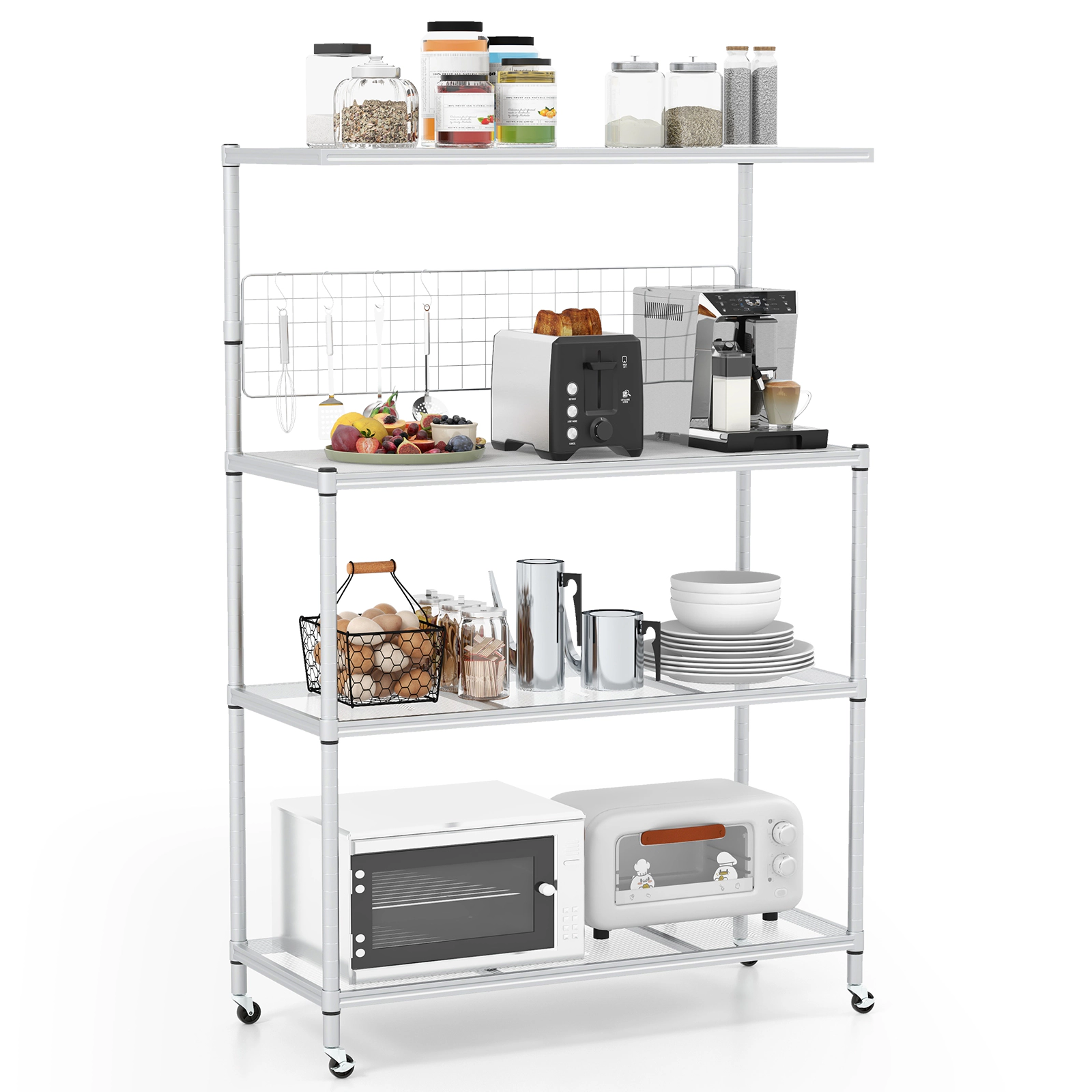 SUGIFT 4-Tier Bakers Rack Silver on Wheels with Adjustable Shelves and Hanging Net