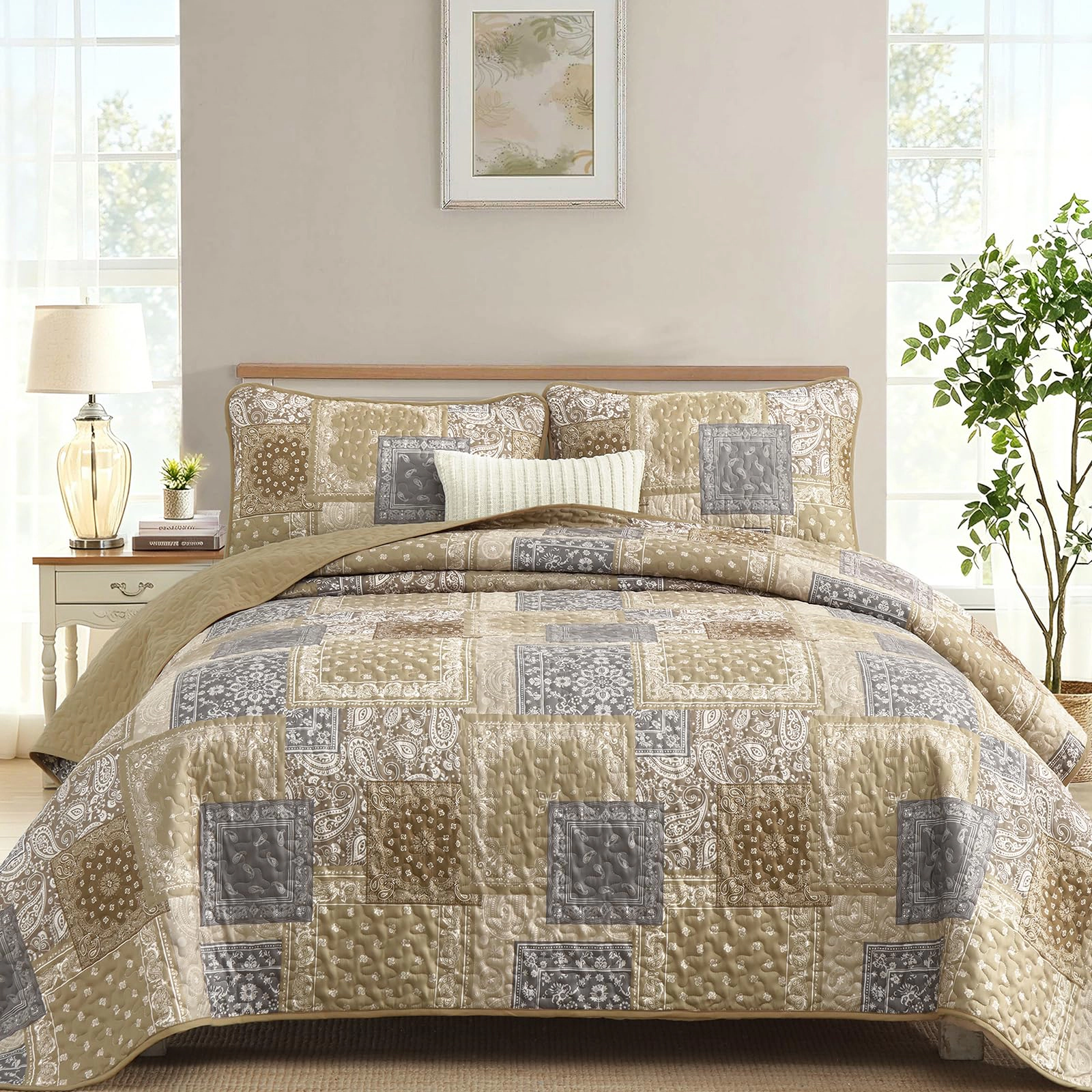 PUPWE Quilt Set King Red Black Paisley Patchwork Bedspread Coverlet