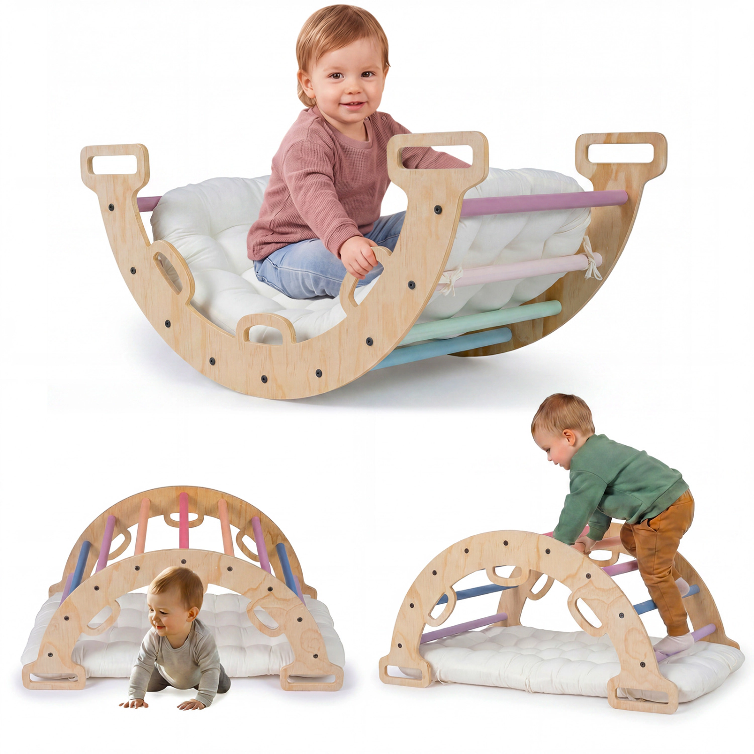 LJG Wooden Rocking Climbing Arch with Cushion -1 Montessori Kids Climber Rocker