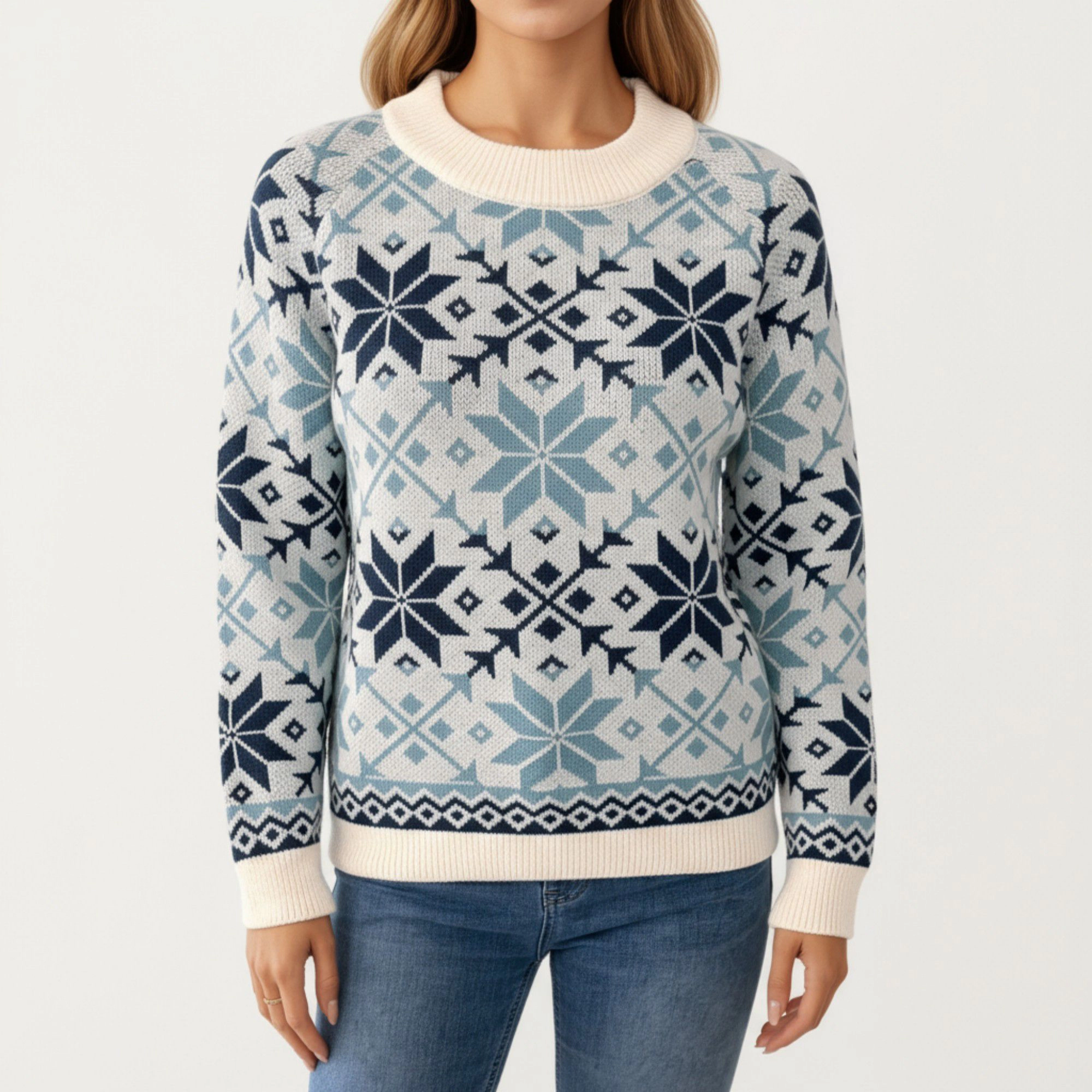 Anna-Kaci Women's Nordic Snowflake Crew Neck Ribbed Trim Knit Sweater