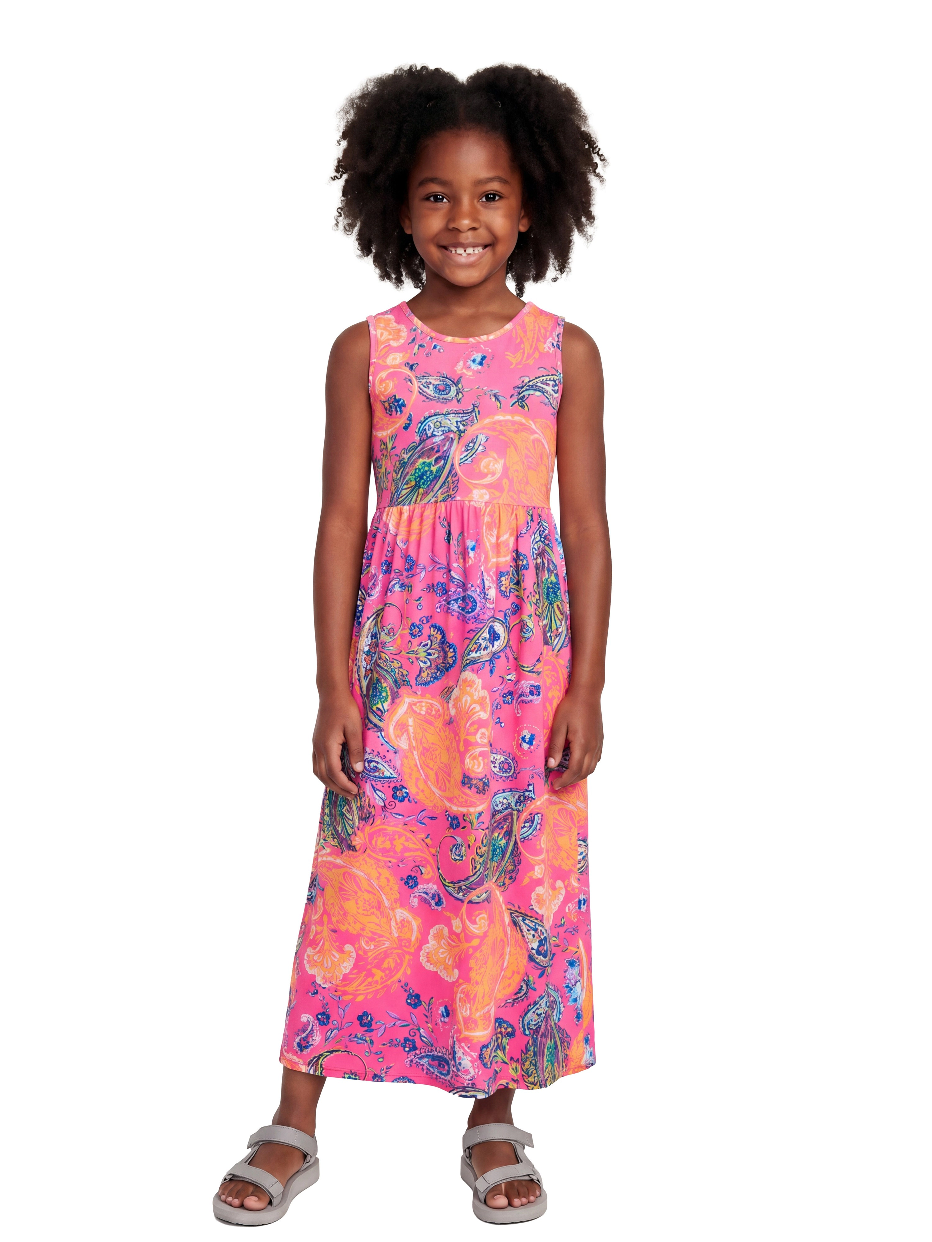 24sevenKid Essential Girls Pink Paisley Print Sleeveless Maxi Pocket Dress