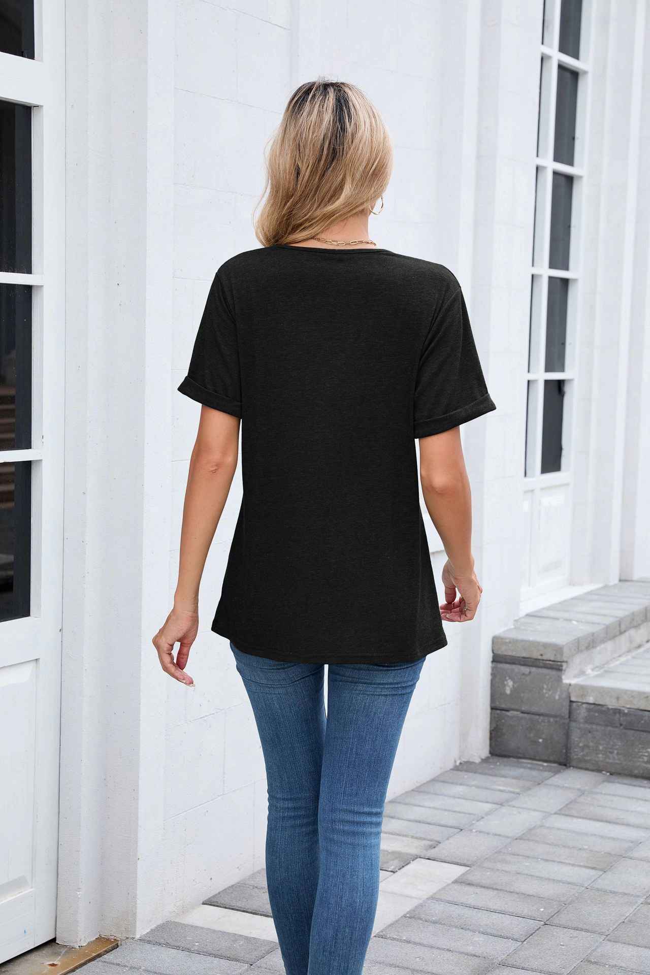 Enchanted Funland Womens Solid V‑Neck Rolled Cuff Short Sleeve  T‑Shirt Tops