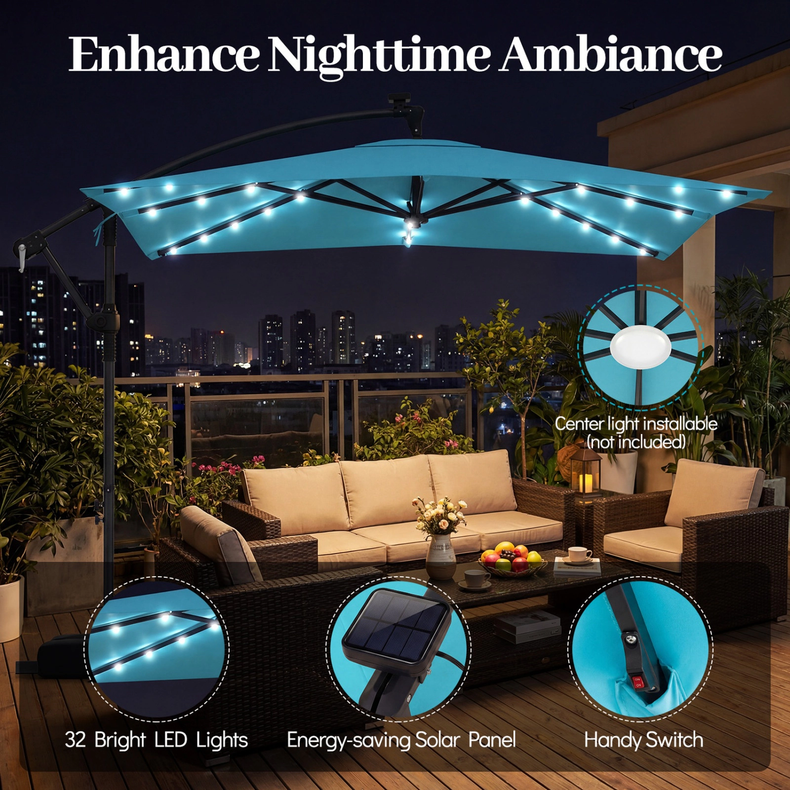 SUGIFT Solar-Powered LED Offset Cantilever Patio Umbrella 360° Rotation 8 x 8 in Canopy 116-lb Sandbag Base Turquoise