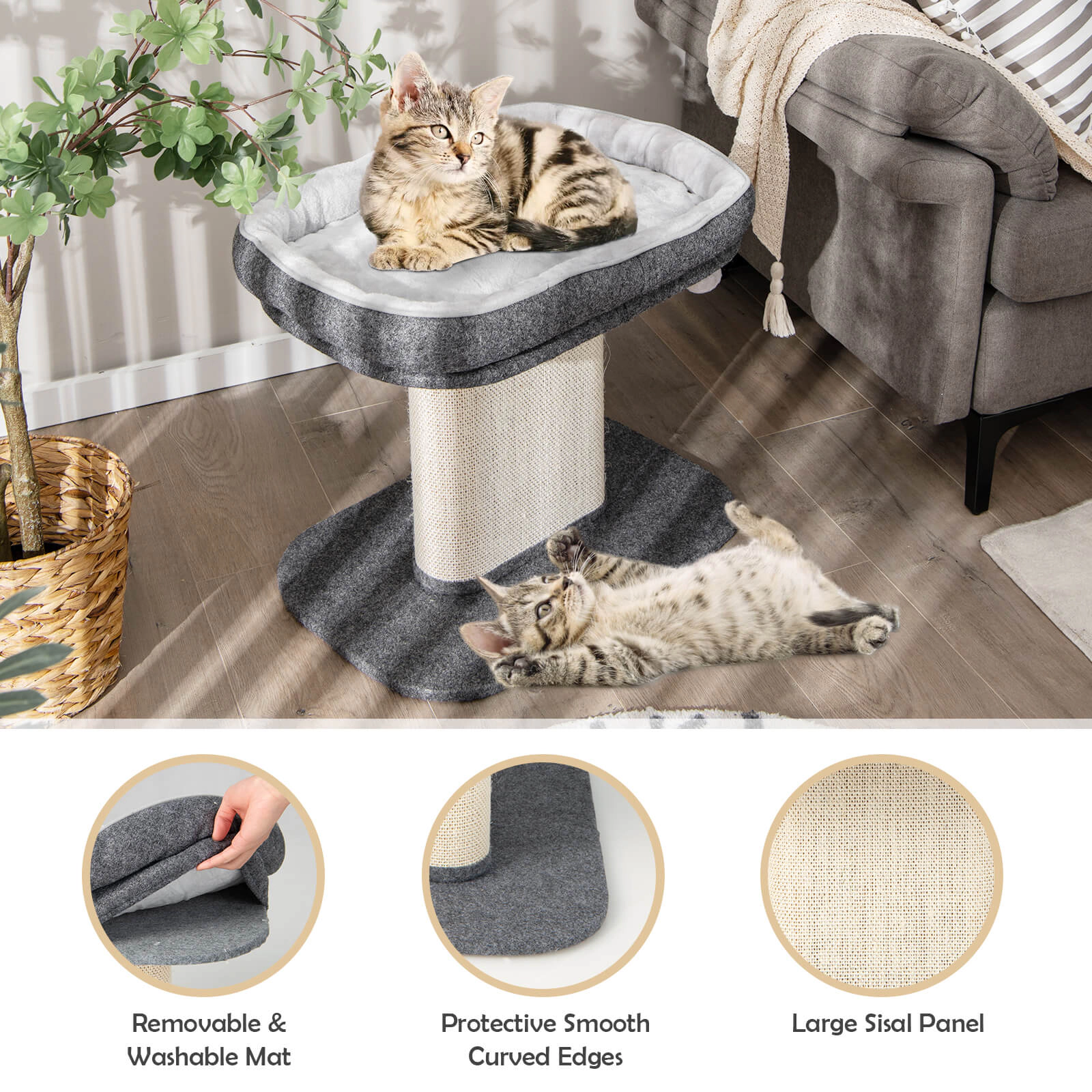 SUGIFT Modern Cat Tree Tower with Large Plush Perch and Sisal Scratching Plate 44-lb Capacity 23-in Wide Base Gray