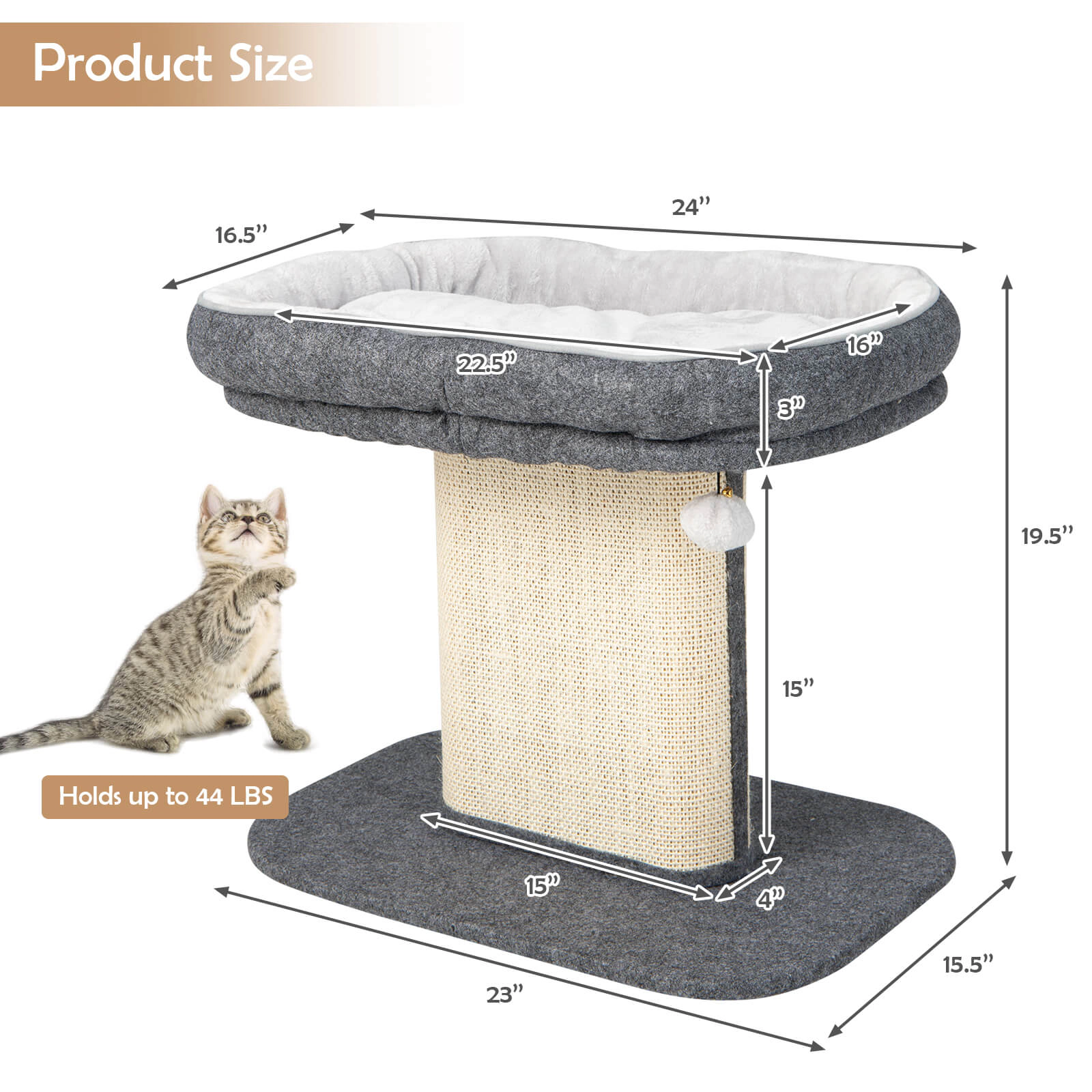 SUGIFT Modern Cat Tree Tower with Large Plush Perch and Sisal Scratching Plate 44-lb Capacity 23-in Wide Base Gray