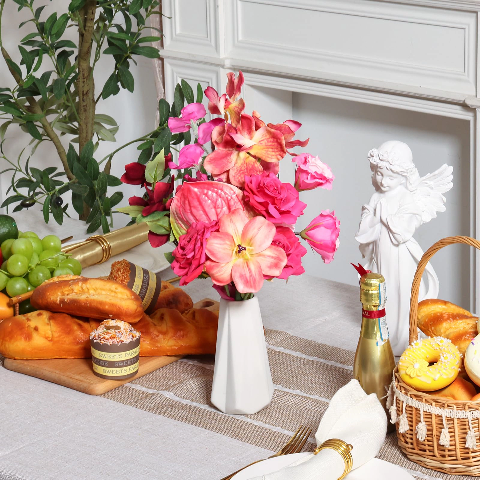 PUPWE White Flowers Realistic Silk Bouquet For Wedding Bridal Bouquets Table Centerpieces