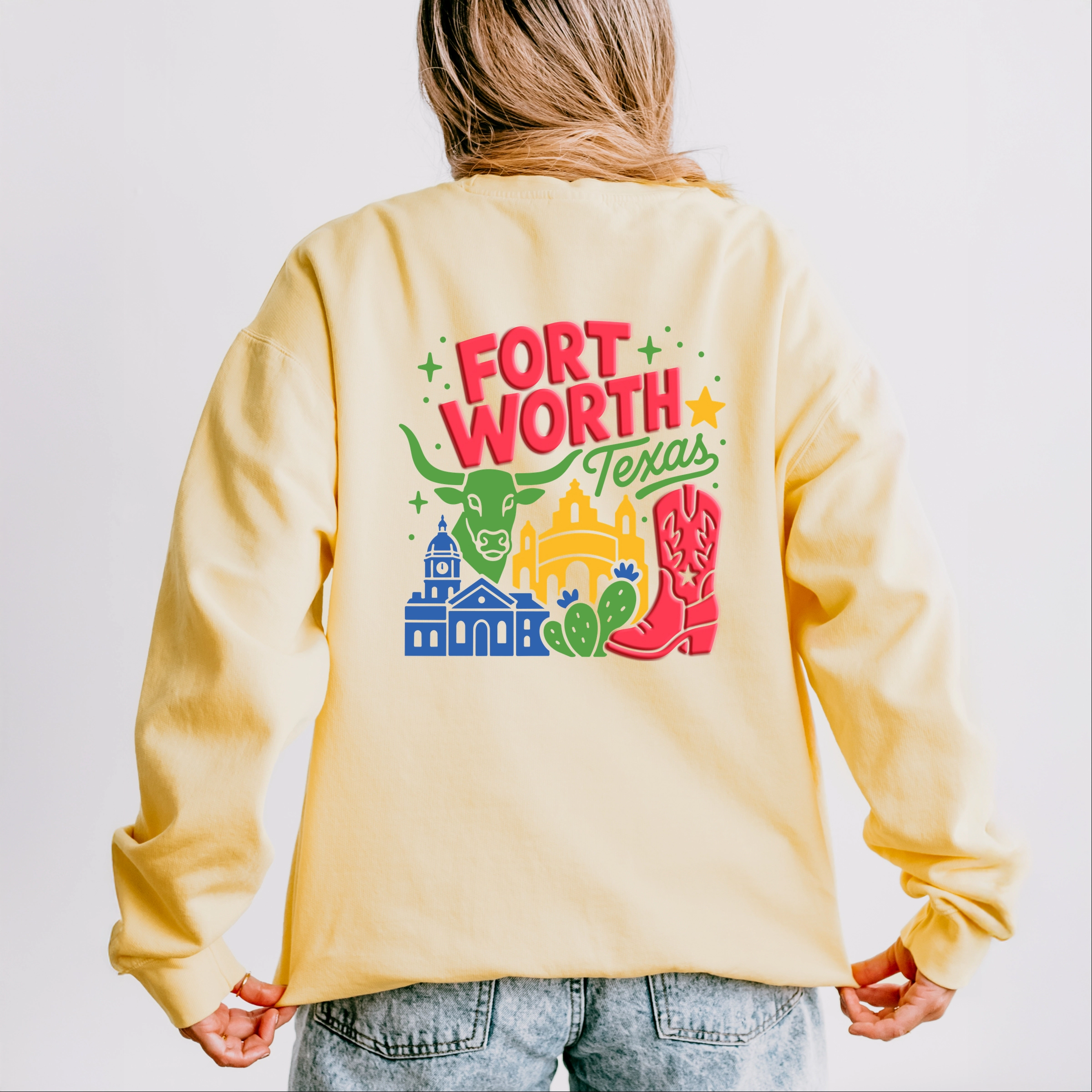 Simply Sage Market - Women's Lightweight Garment Dyed Sweatshirt Fort Worth Vibrant Puff Print