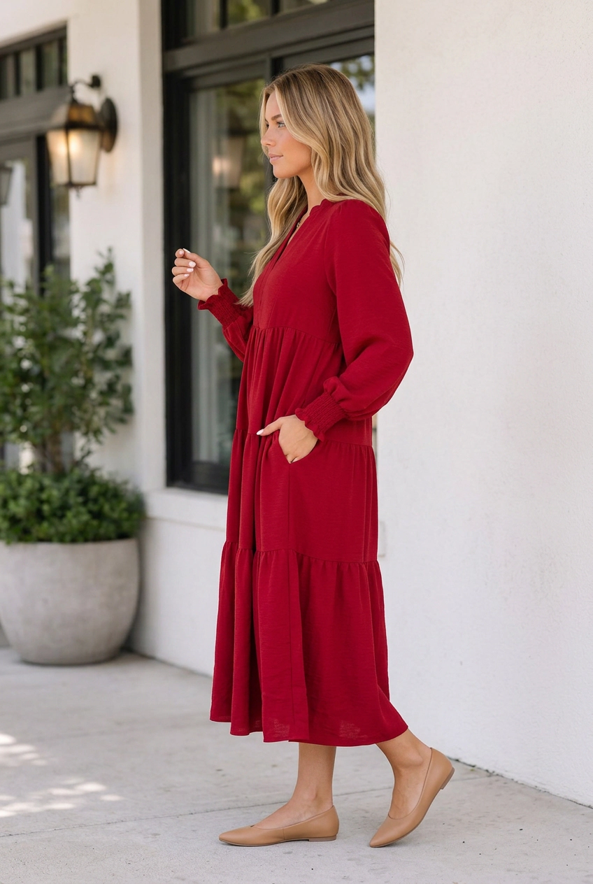 Threaded Pear Women's Melani Tiered Shift Midi Dress
