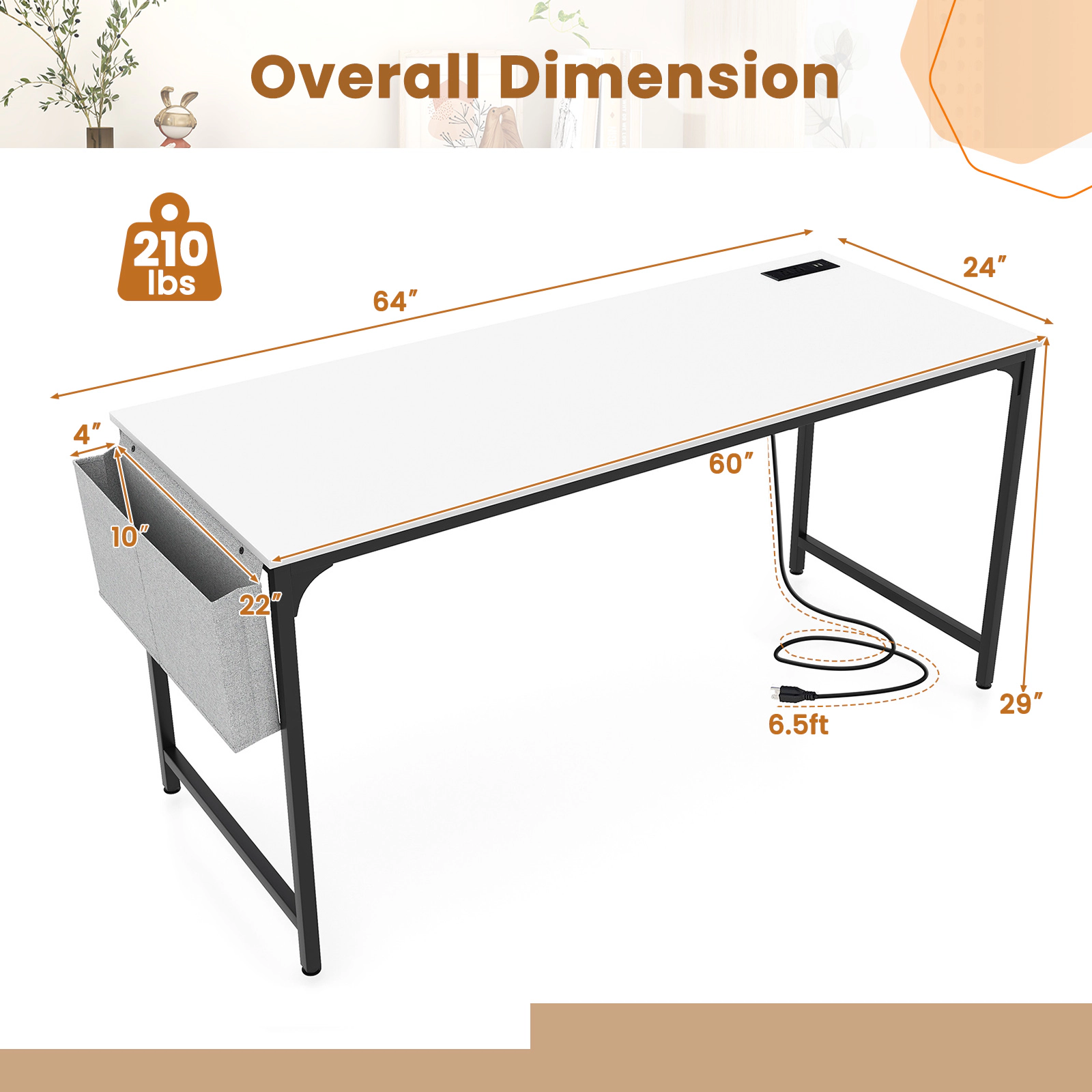 SUGIFT 60-Inch White Computer Desk with Power Outlet, USB Port, Storage Bag and Headphone Hook