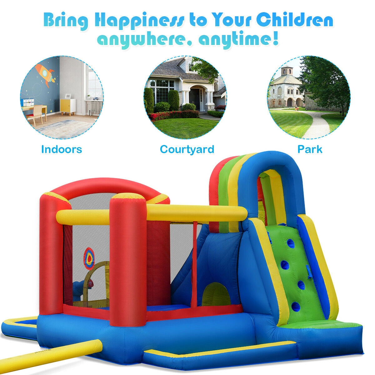 SUGIFT Inflatable Bounce House Castle with Curved Water Slide Tunnel Dart Board and 740W Blower