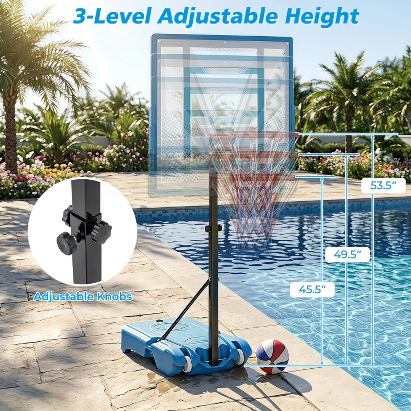 SUGIFT 3-Level Pool Basketball Hoop with Oversized 32.5-in Backboard and Weighted Base Blue + Black + White + Red