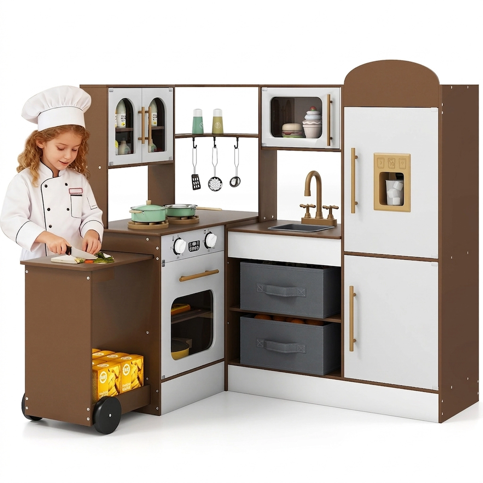 SUGIFT Corner Wooden Kitchen Playset Lights & Sounds 39.5-in Tall with Pull-Out Countertop Ages 3+ Coffee/Pink/White