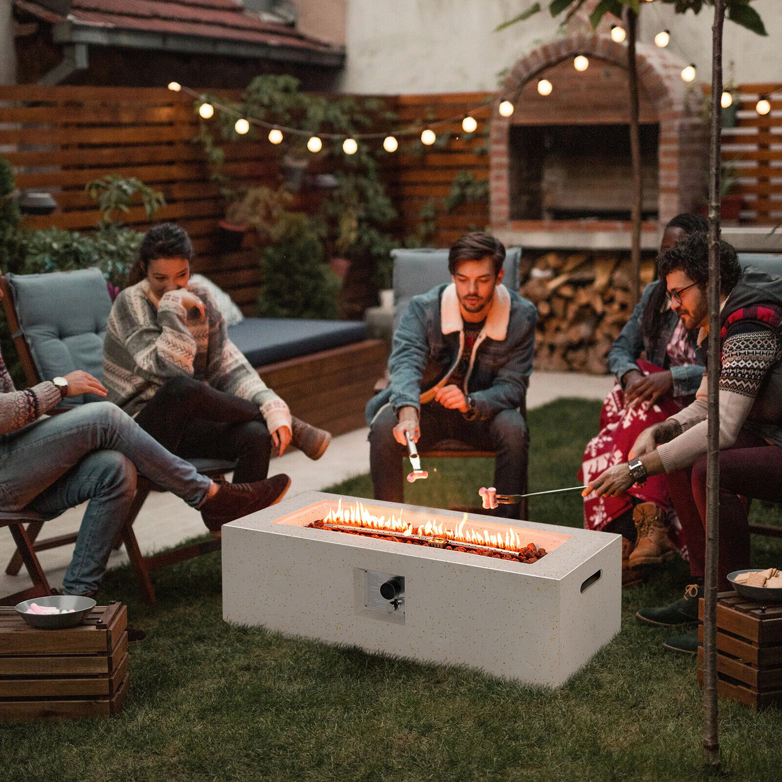 SUGIFT 50,000 BTU Rectangle Terrazzo Fire Pit Table with PVC Cover 42-in Wide White