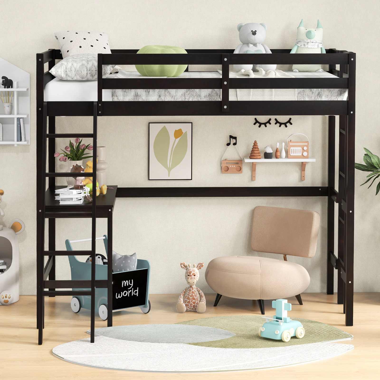 SUGIFT Espresso Angled Desk and Built-in Ladder Twin Teens Loft Bed Frame