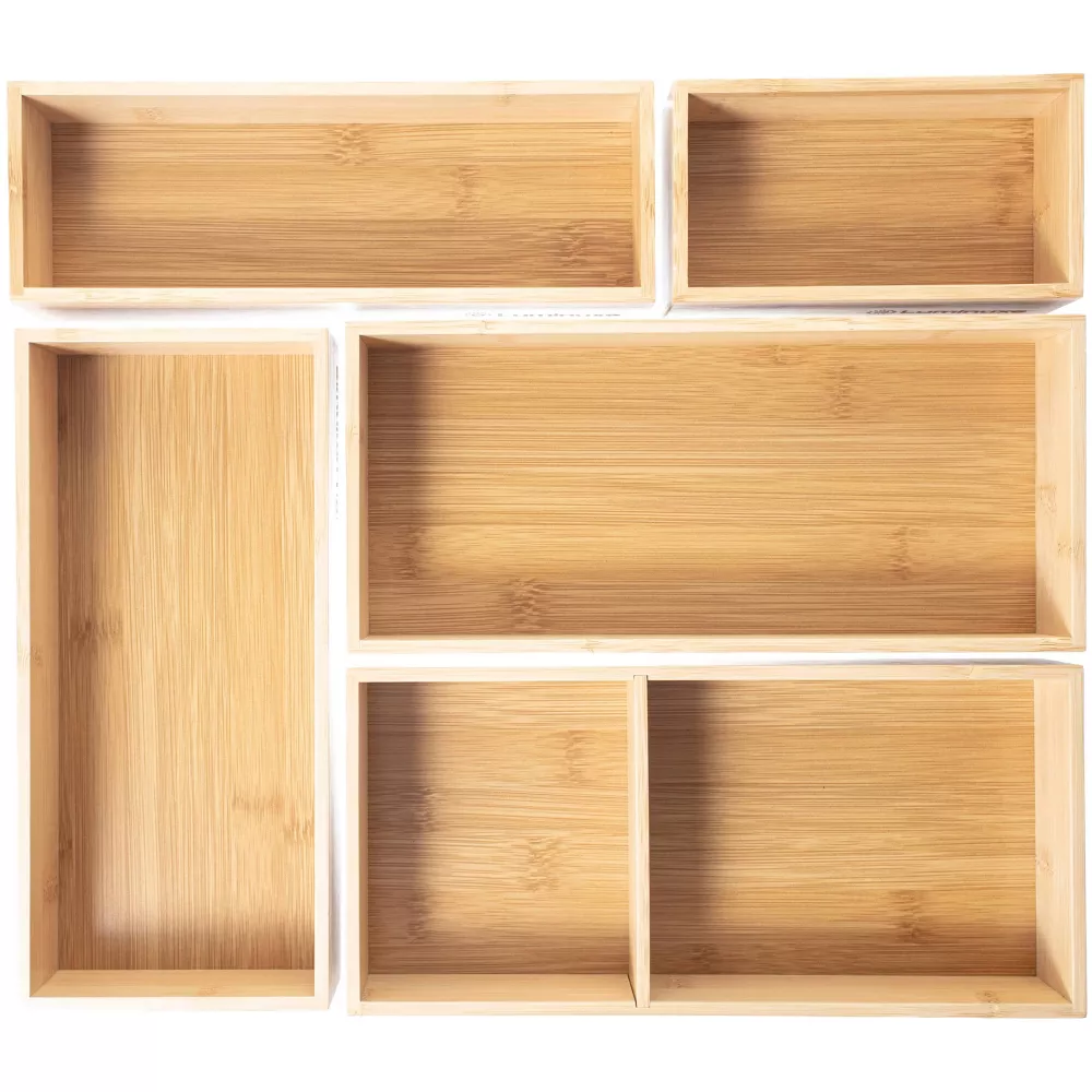 Luminuxe Bamboo Drawer Organizer Set, 5 Piece Non-Slip Versatile Storage Trays for Kitchen Utensils, Bathroom Essentials