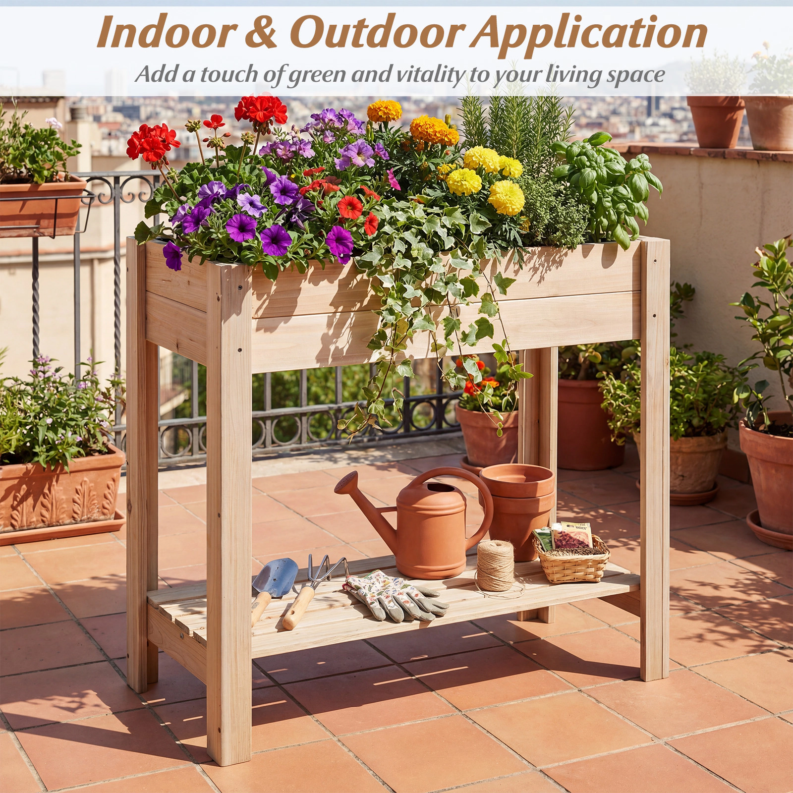 SUGIFT Waist-High Raised Garden Bed with Legs and Storage Shelf 66-lb Tier Capacity Natural