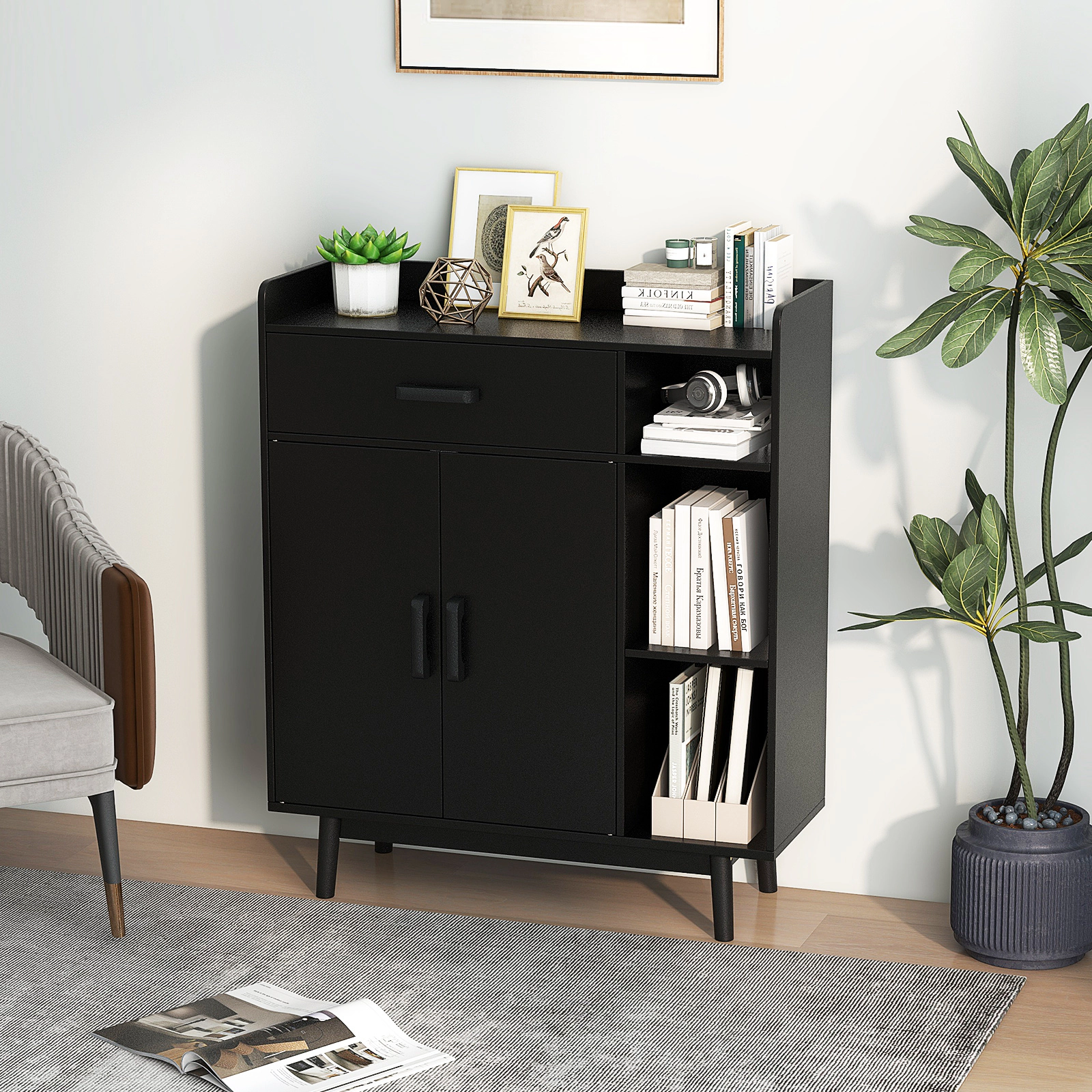 Slickblue Freestanding Storage Cabinet with Drawer Adjustable Shelves and Double Doors
