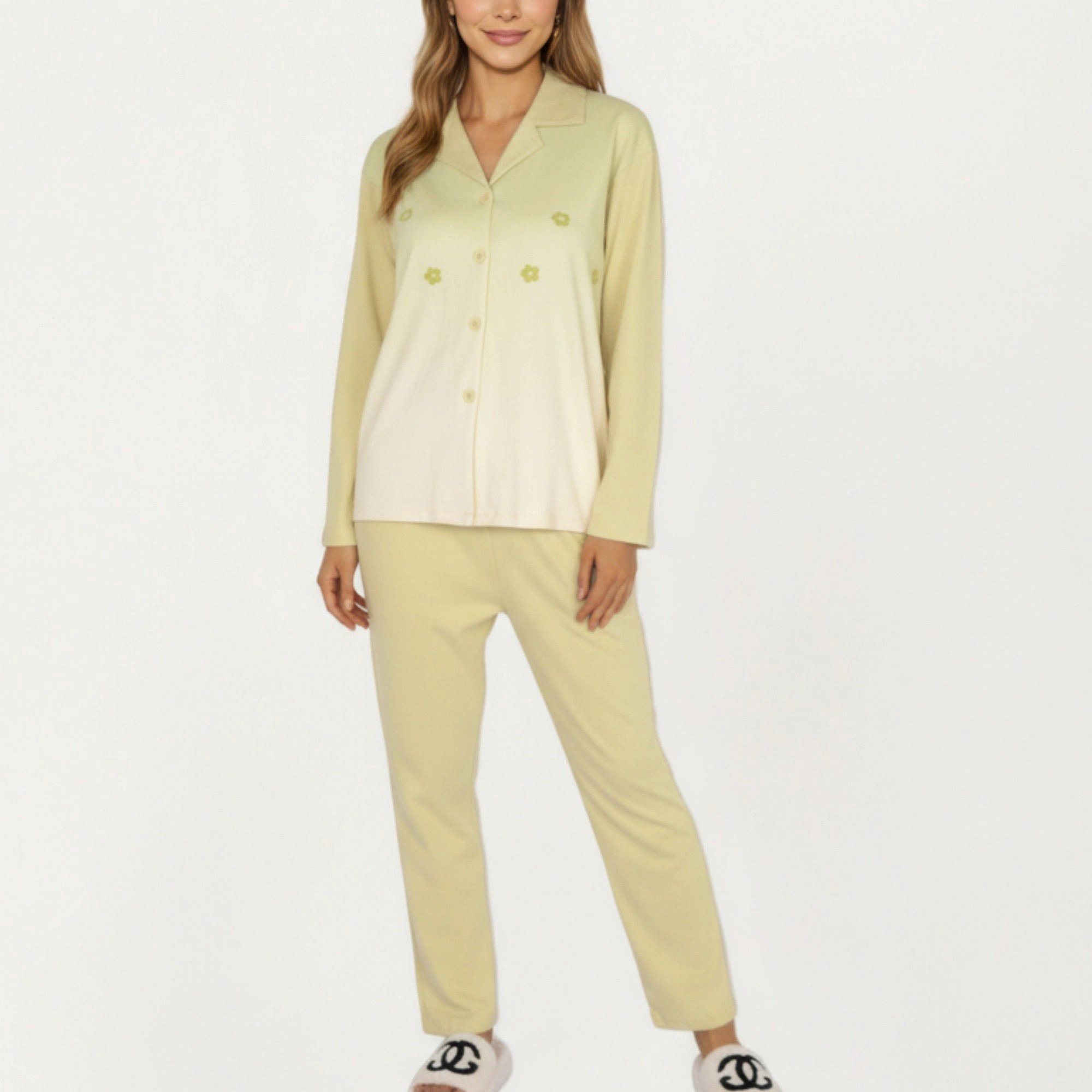 Anna-Kaci Women's 2-Piece Long Sleeve Button Front Top and Relaxed Fit Pants Pajama Set with Minimalist Floral Detail