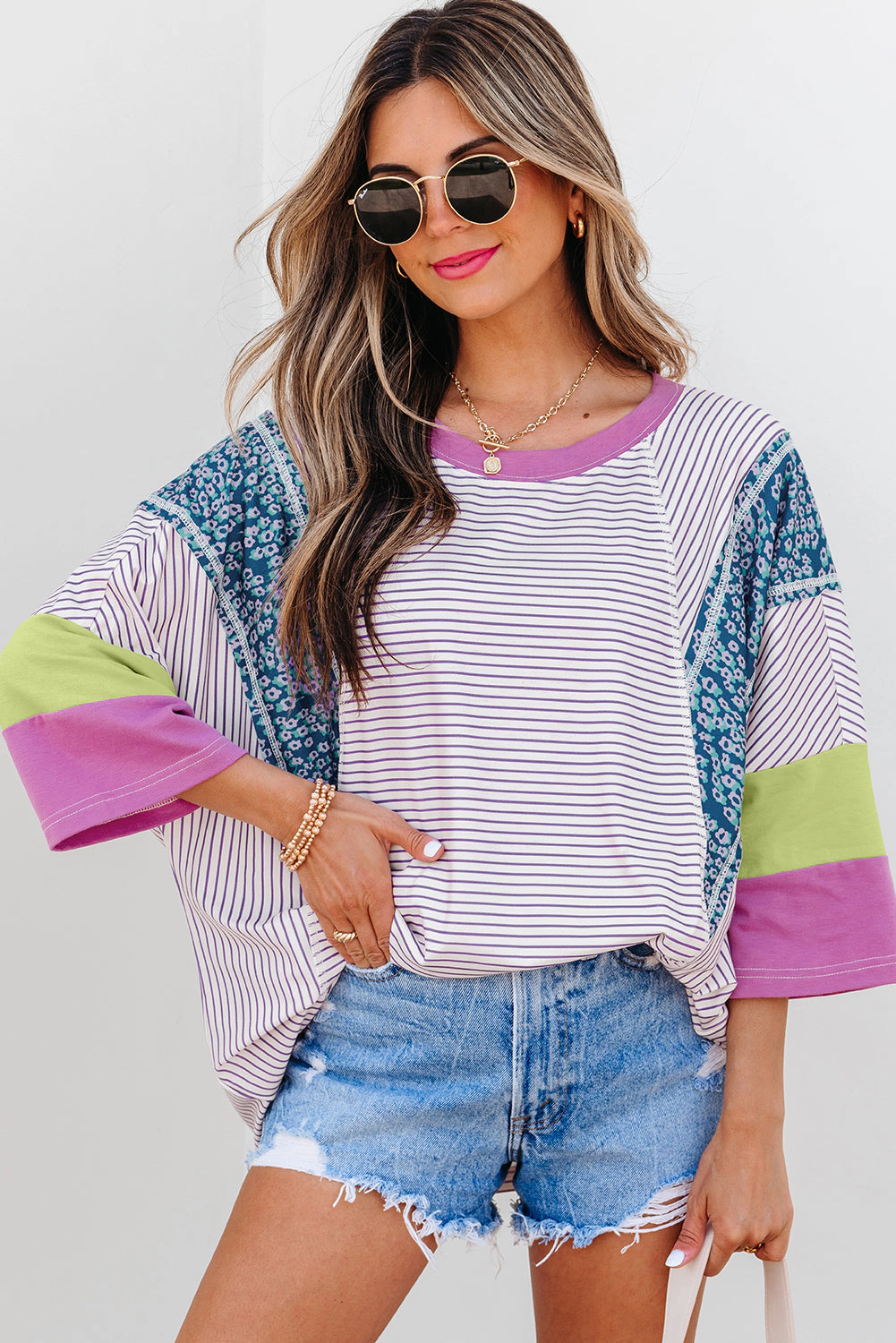 Threaded Pear Women's Kyra Patchwork Bracelet Sleeve Blouse