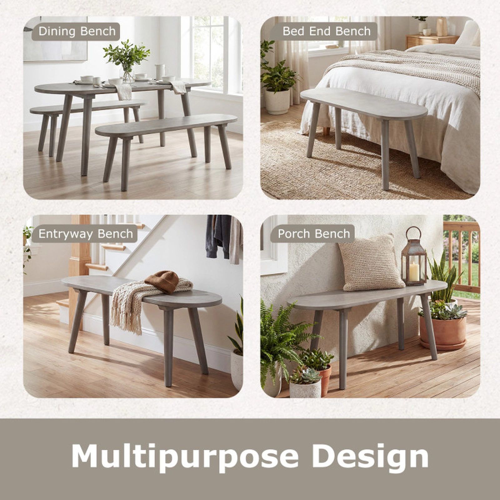 SUGIFT Gray Rubber Wood Legs 43 Inch Farmhouse Dining Bench Backless Entryway Bench