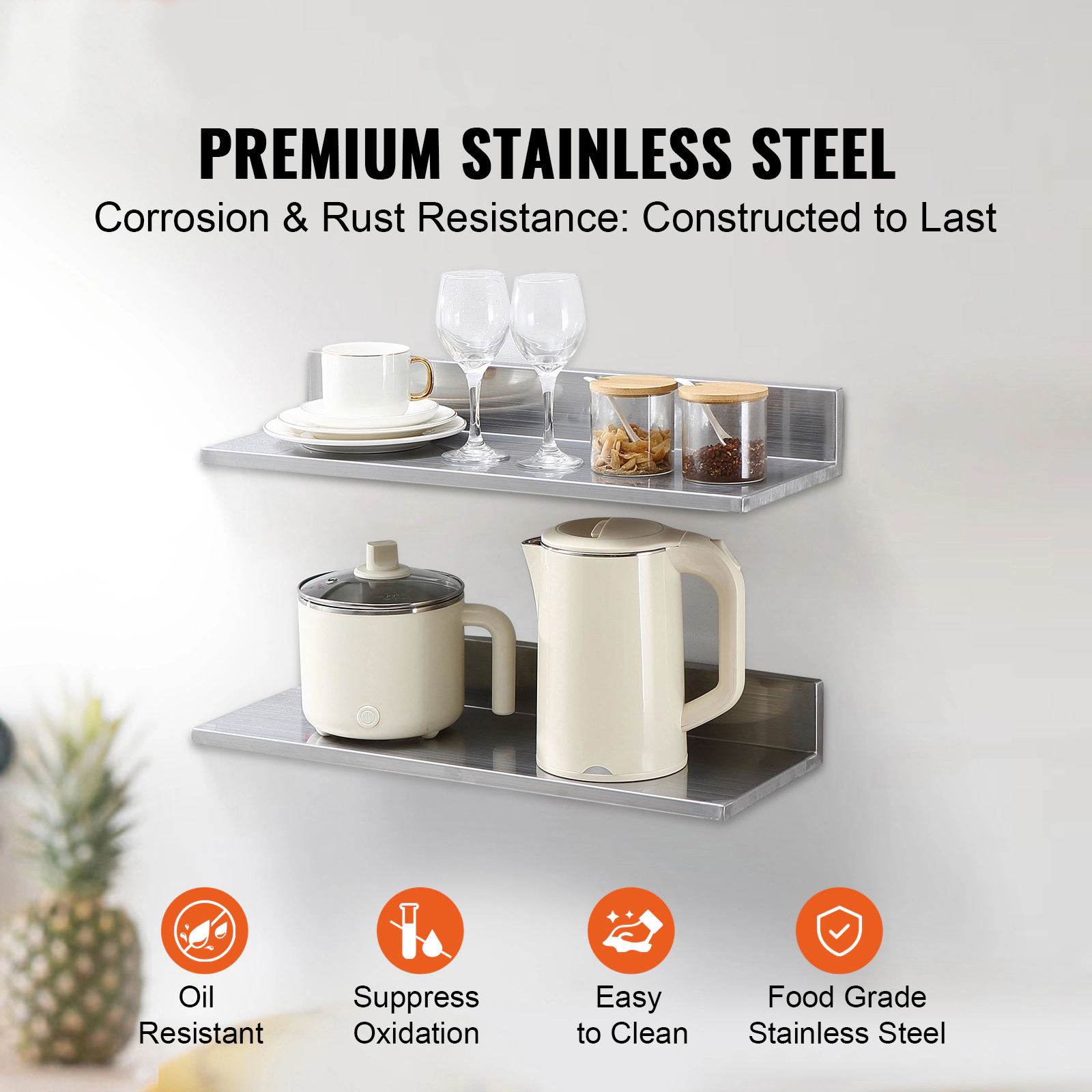 HONGGE 2 Pack Stainless Steel Shelf Wall Mounted Floating Shelving with Backsplash 44 lbs Load Capacity Commercial
