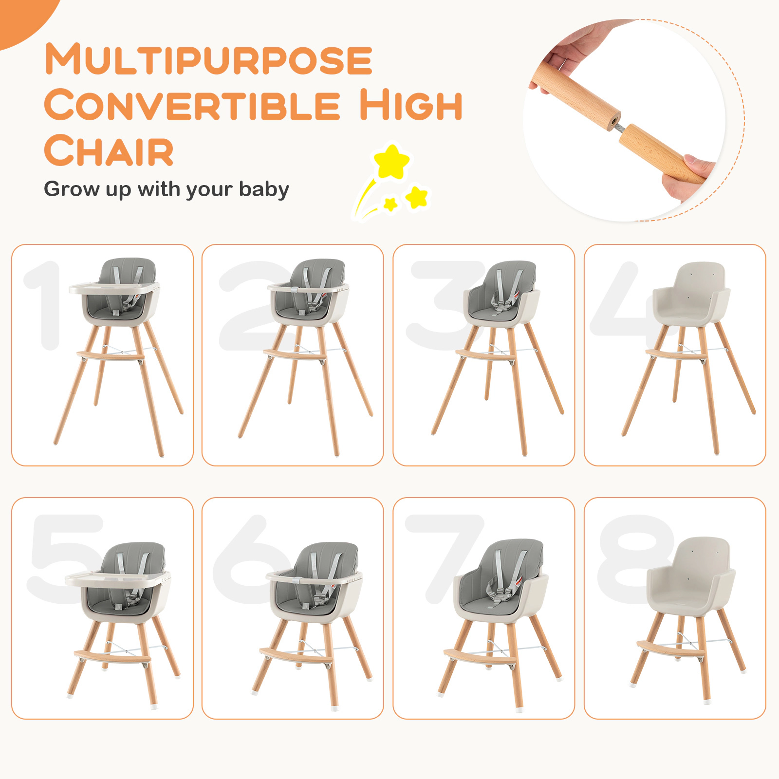 SUGIFT Removable PU Cushion and Tray 3-in-1 Convertible Wooden Baby High Chair