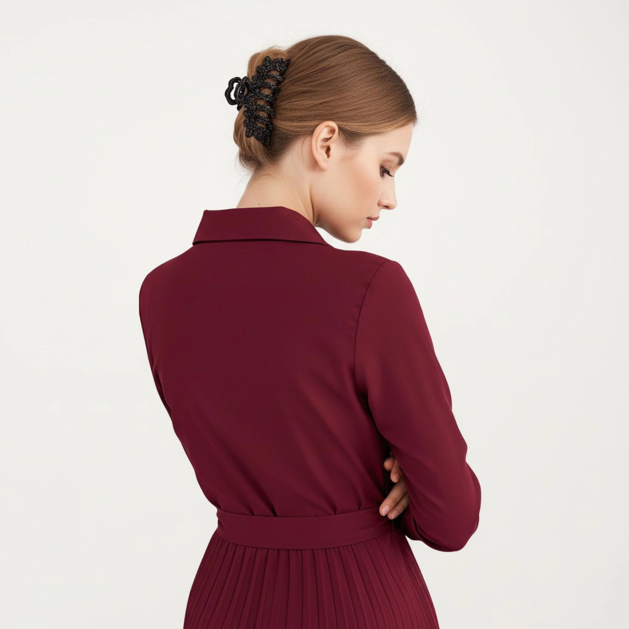 Anna-Kaci Women's Pleated Button Down Front Long Sleeve Waist Tie Midi Dress