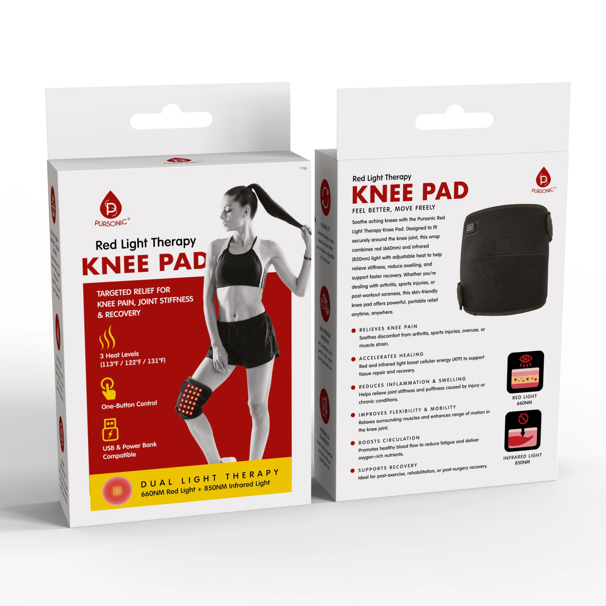 Pursonic Unisex Red Light Therapy Knee Pad – Targeted Relief for Knee Pain, Stiffness & Recovery