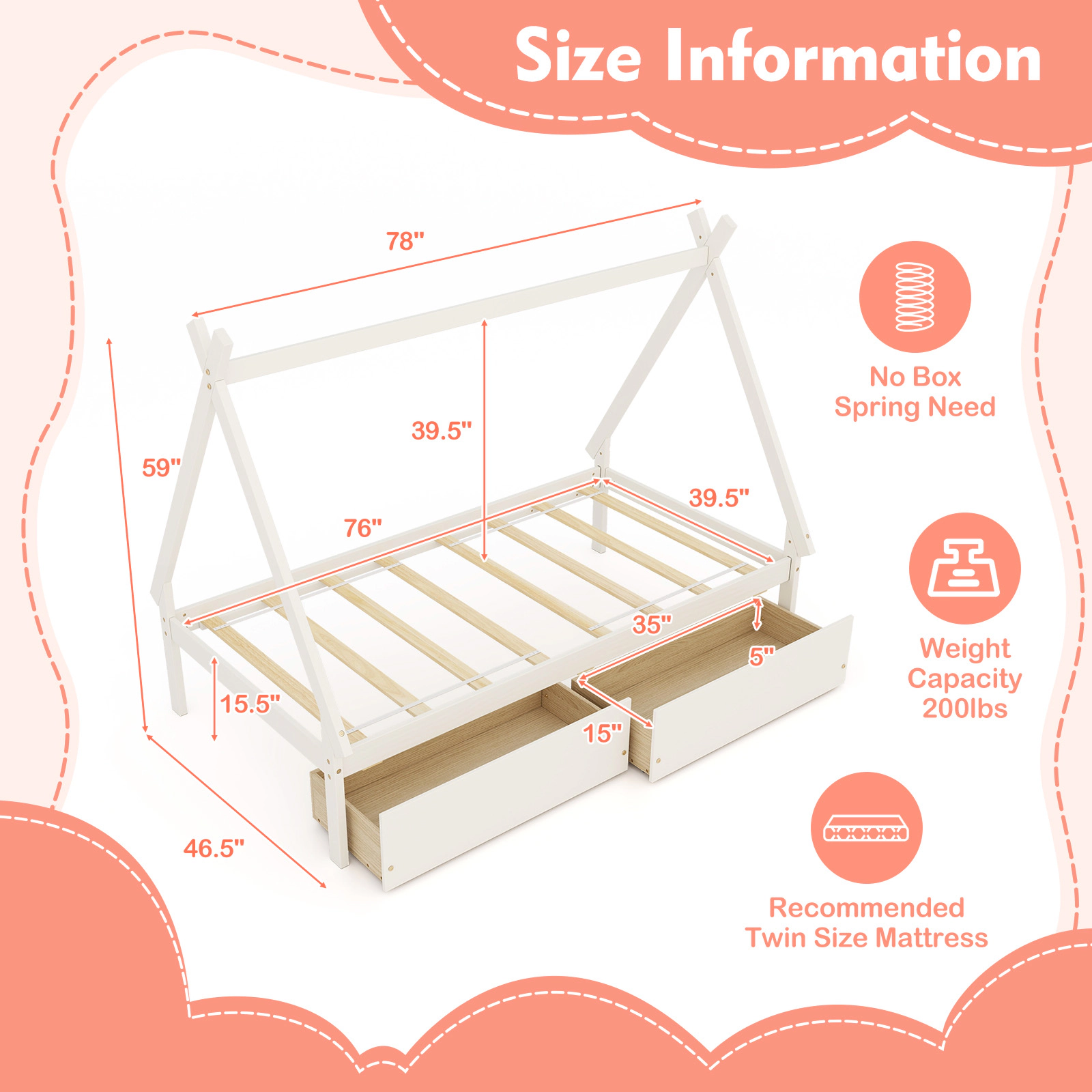 SUGIFT Kids Twin Size 200-lb Bed Capacity Wooden House Bed Frame with Tent Roof and 2 Rolling Drawers White