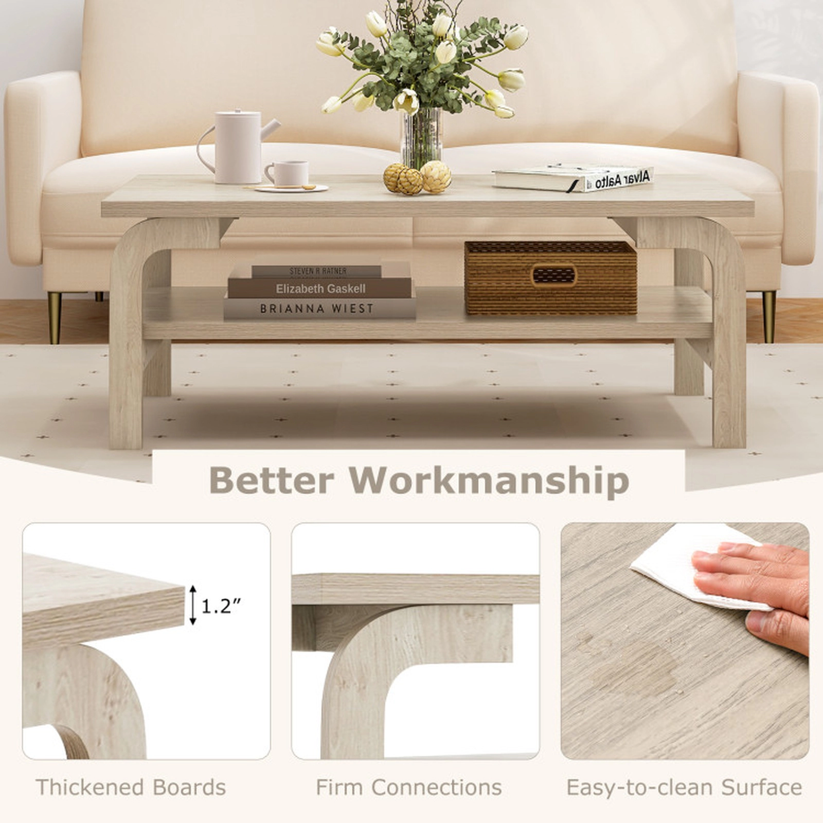 SUGIFT 2-Tier Curved Legs 1.2-in Thick Top Mid Century Coffee Table 47-in x 24-in x 18-in 165-lb Capacity Natural