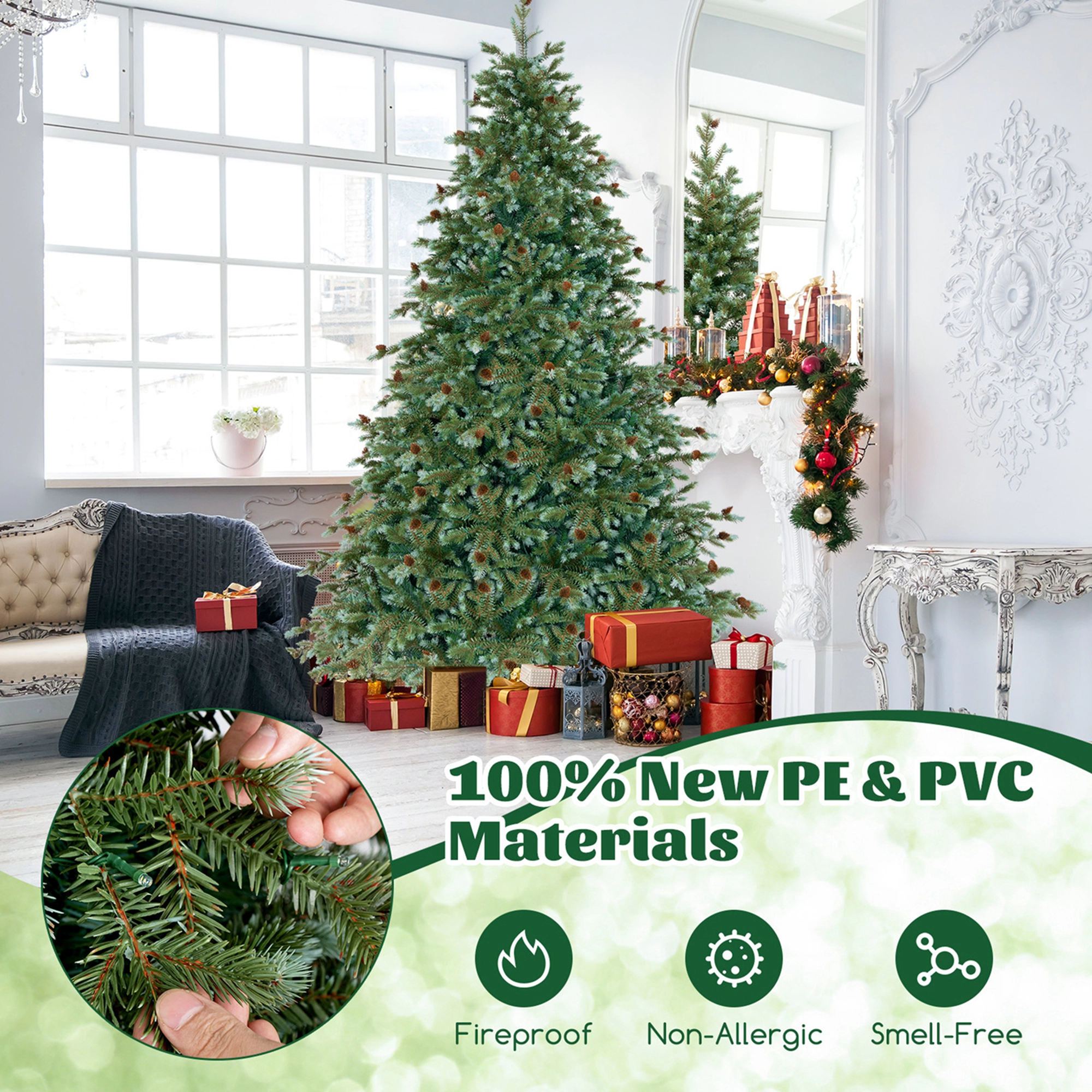 Costway 6/7/8 FT Artificial Christmas Tree with 590/846/1226 Branch Tips 240/340/410 Warm LED Lights