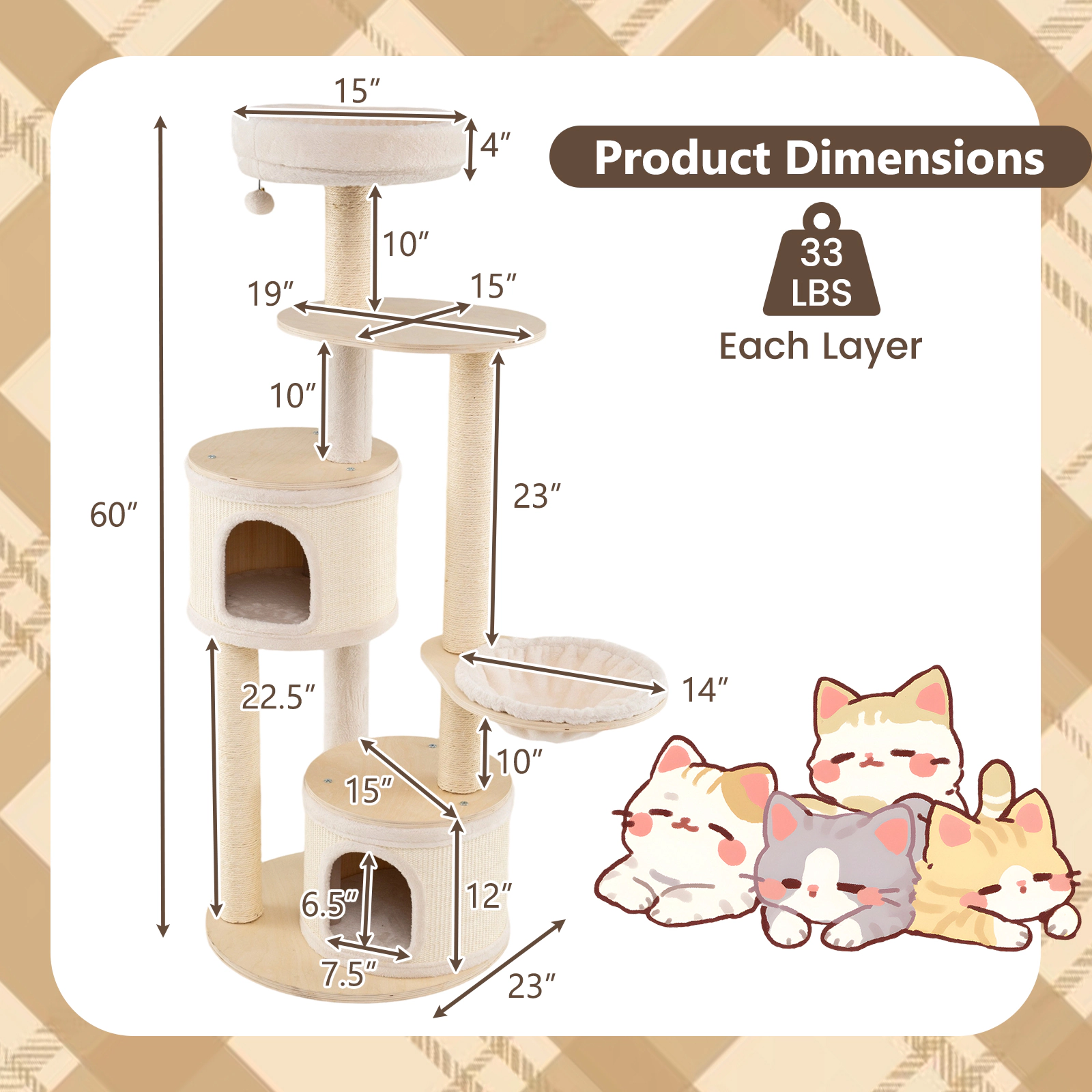 SUGIFT Natural 60 in Wooden Kitten Tower with 2 Condos Basket and Sisal Posts
